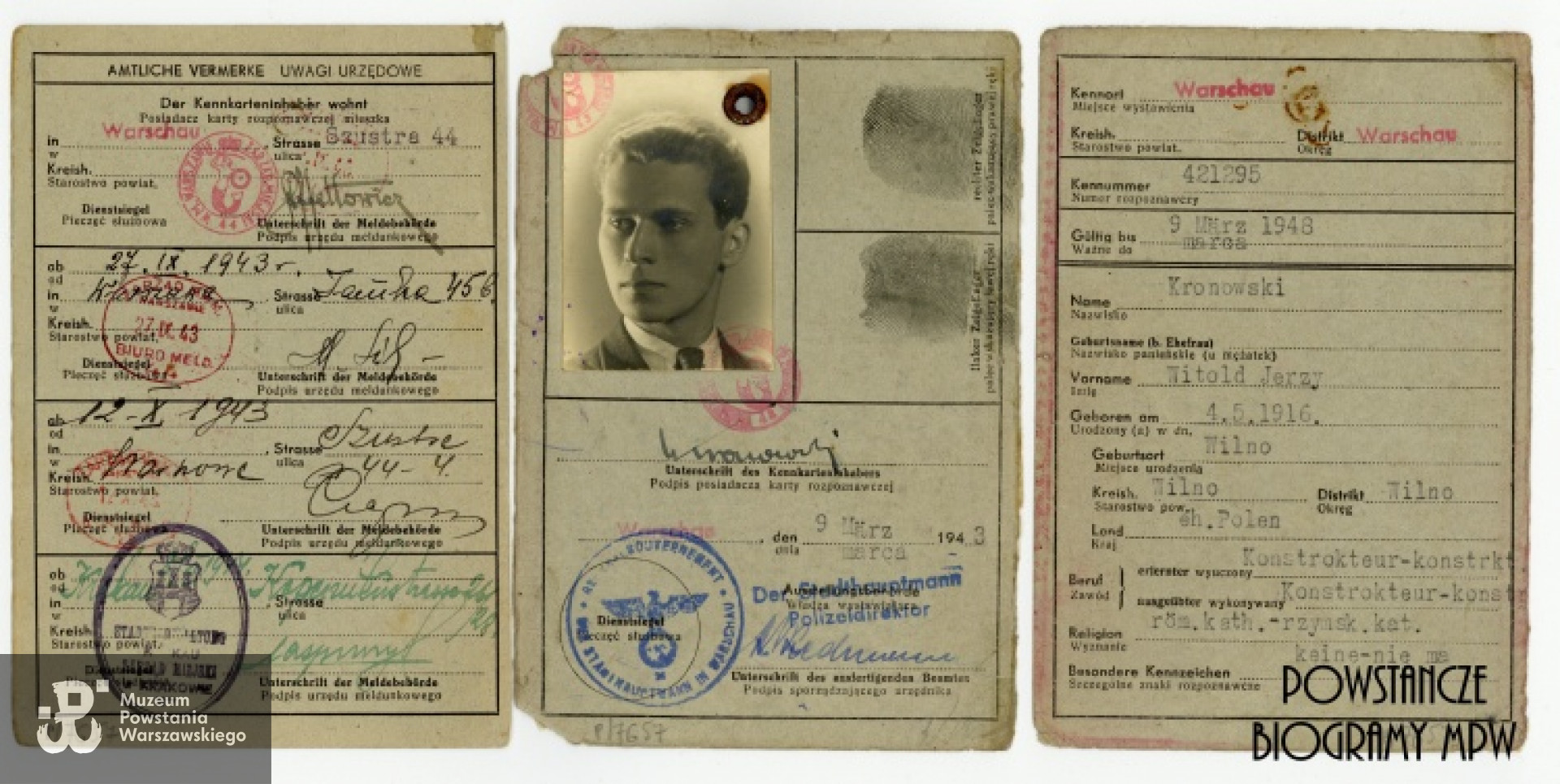 Karta rozpoznawcza (niem. Kennkarte) wystawiona w czasie okupacji (9 III 1943) na nazwisko Witold Jerzy Kronowski