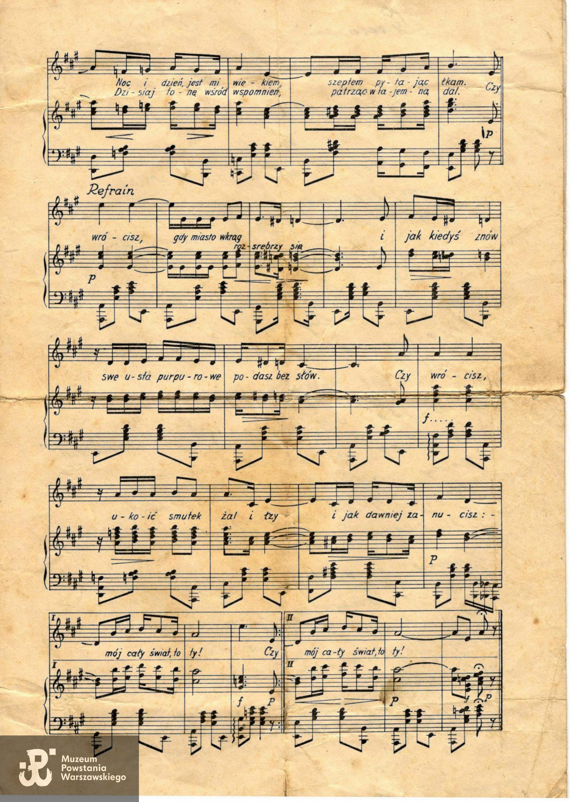 Załącznik do listu Stefana Suszczyńskiego do Julii Jakubowskiej -  nuty utworu "Czy wrócisz", skomponowanego przez Stefana Suszczyńskiego do słów L. Koraba-Kucharskiego. Hannover, 1947.