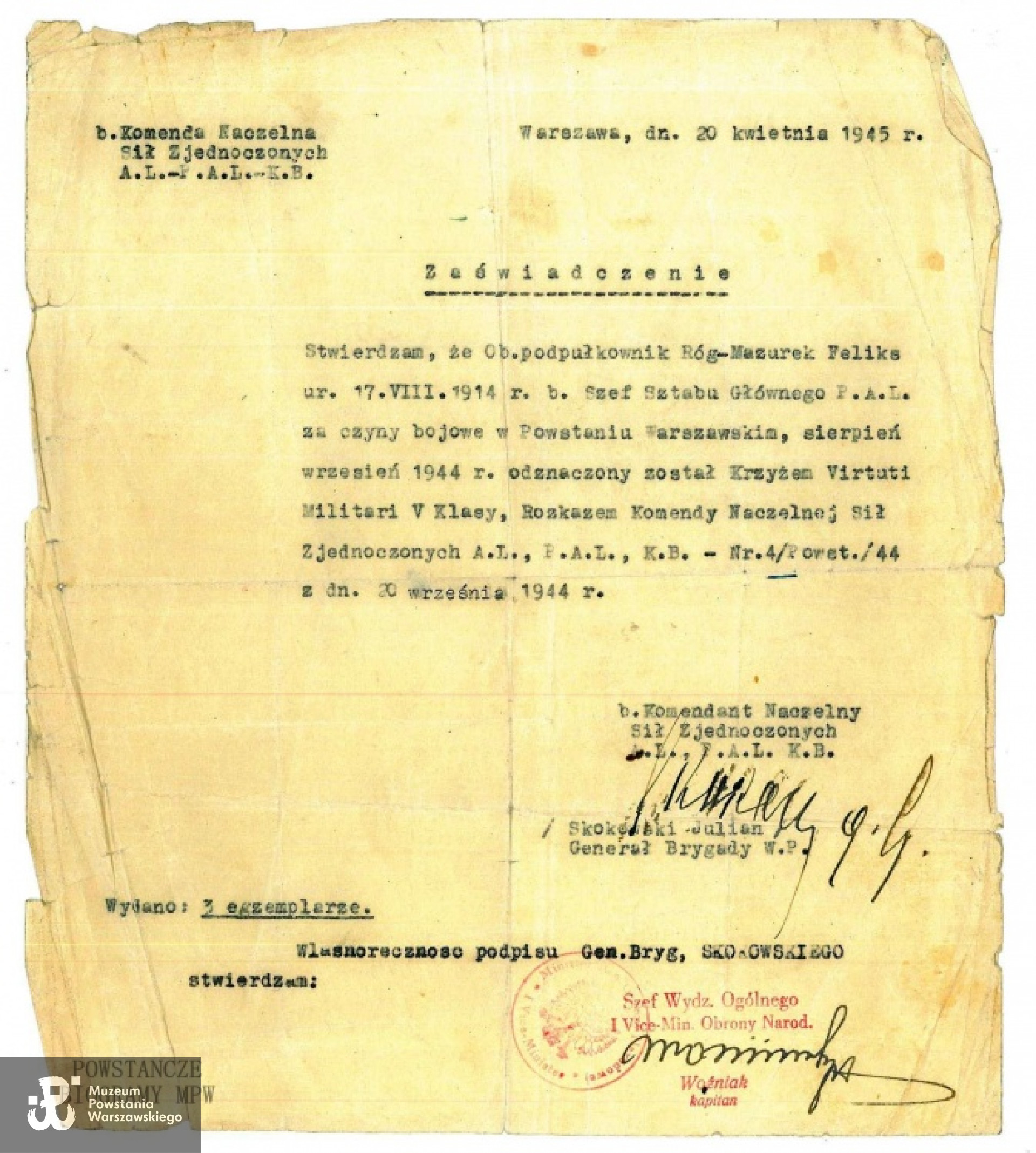 Zaświadczenie od odznaczeniu VM. Źródło: Andrzej Róg-Mazurek, Jakub Róg-Mazurek - archiwum rodzinne.