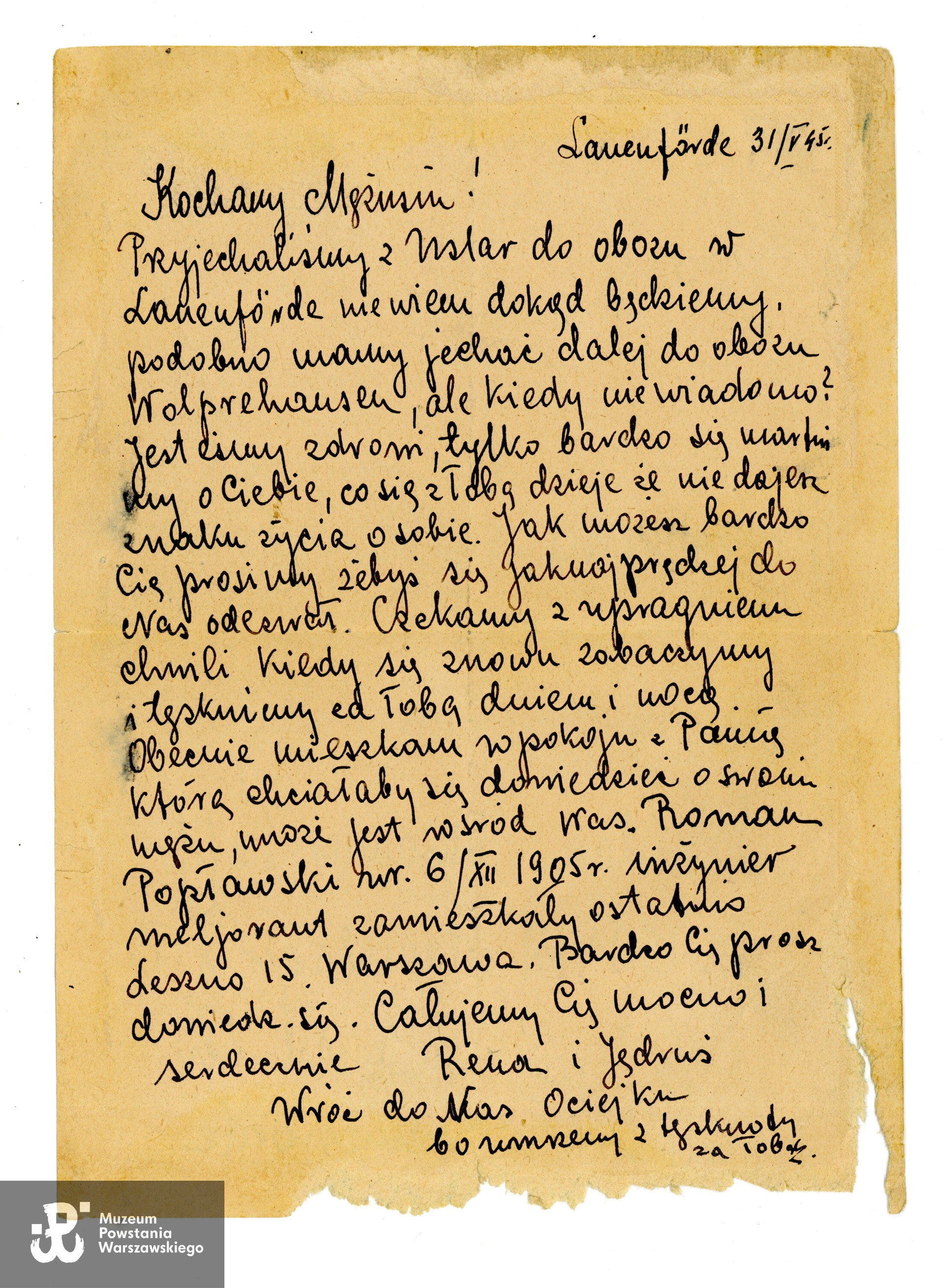 Korespondencja obozowa. Ze zbiorów rodzinnych, udostępniła wnuczka Powstańca, p. Paulina Taff. Skany wykonano w Muzeum Powstania Warszawskiego, 06/2024