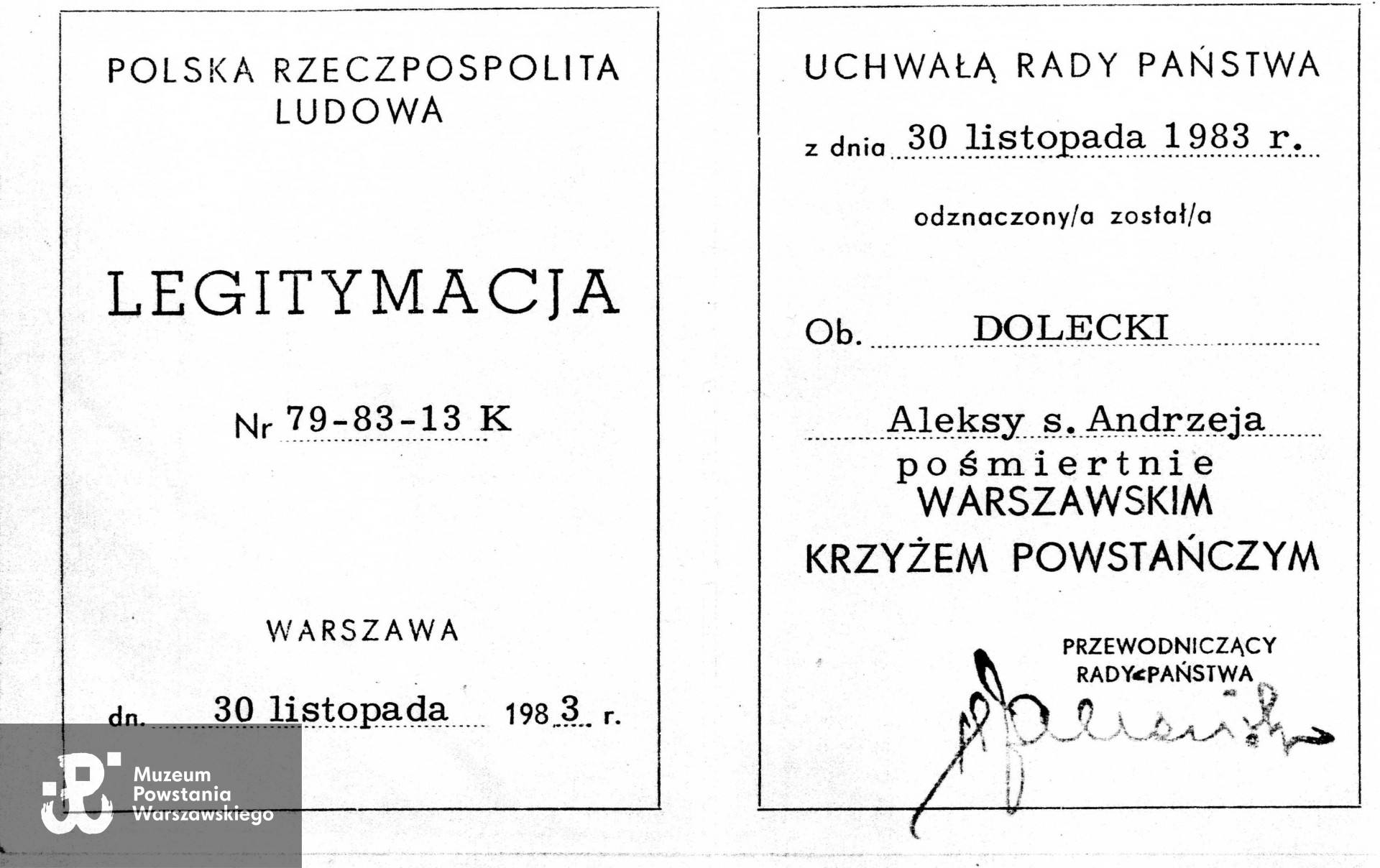  Kserokopia legitymacji Warszawskiego Krzyża Powstańczego. Fot. udostępnił p. Włodzimierz  Dolecki 