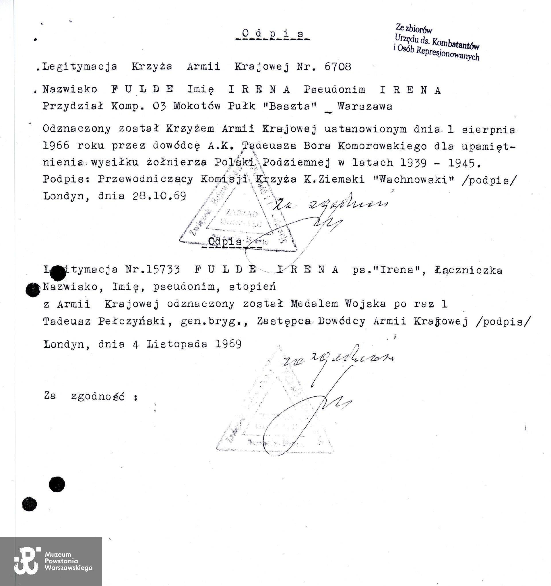 Muzeum Powstania Warszawskiego, Teczki personalne uczestników Powstania Warszawskiego: Fulde Irena