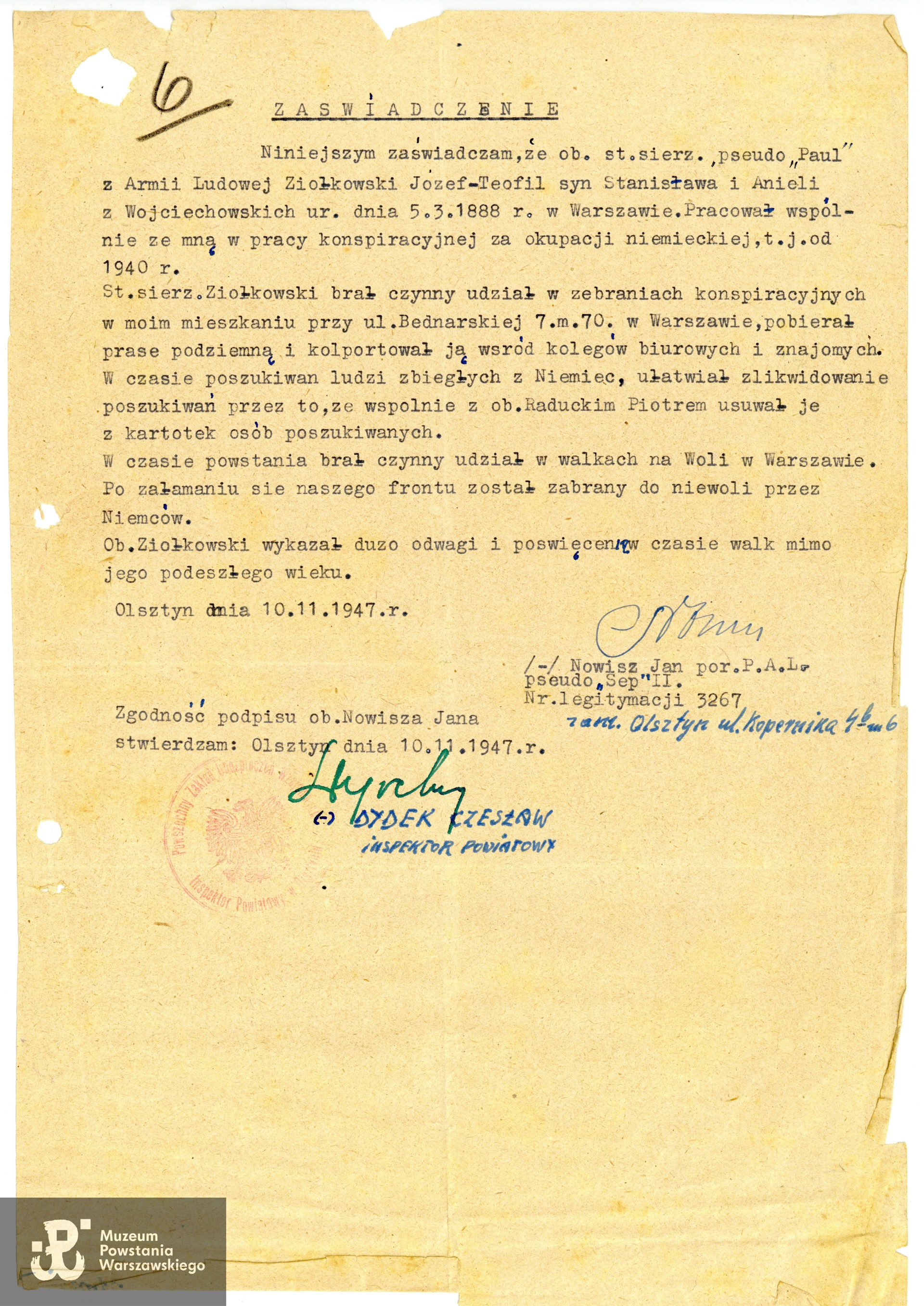 Zaświadczenie o przebiegu służby wystawione dla  st. sierż. Józefa Teofila Ziółkowskiego "Paul" przez por. Jana Nowisza ps. Sęp II 