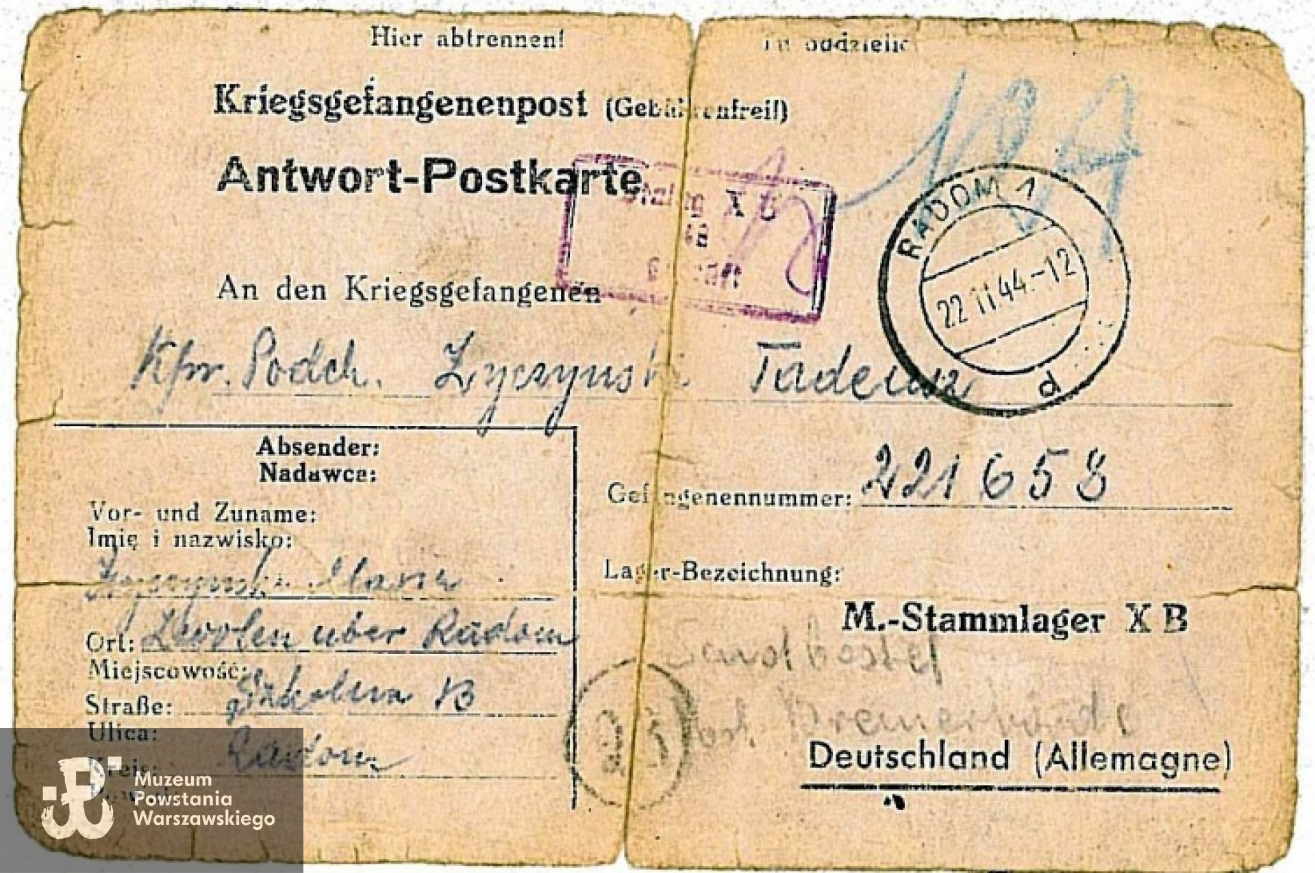 12.11.1944 r. - List do obozu jenieckiego Stalag X-B Sandbostel wysłany do Tadeusza Życzyńskiego przez jego siostrę Genowefę