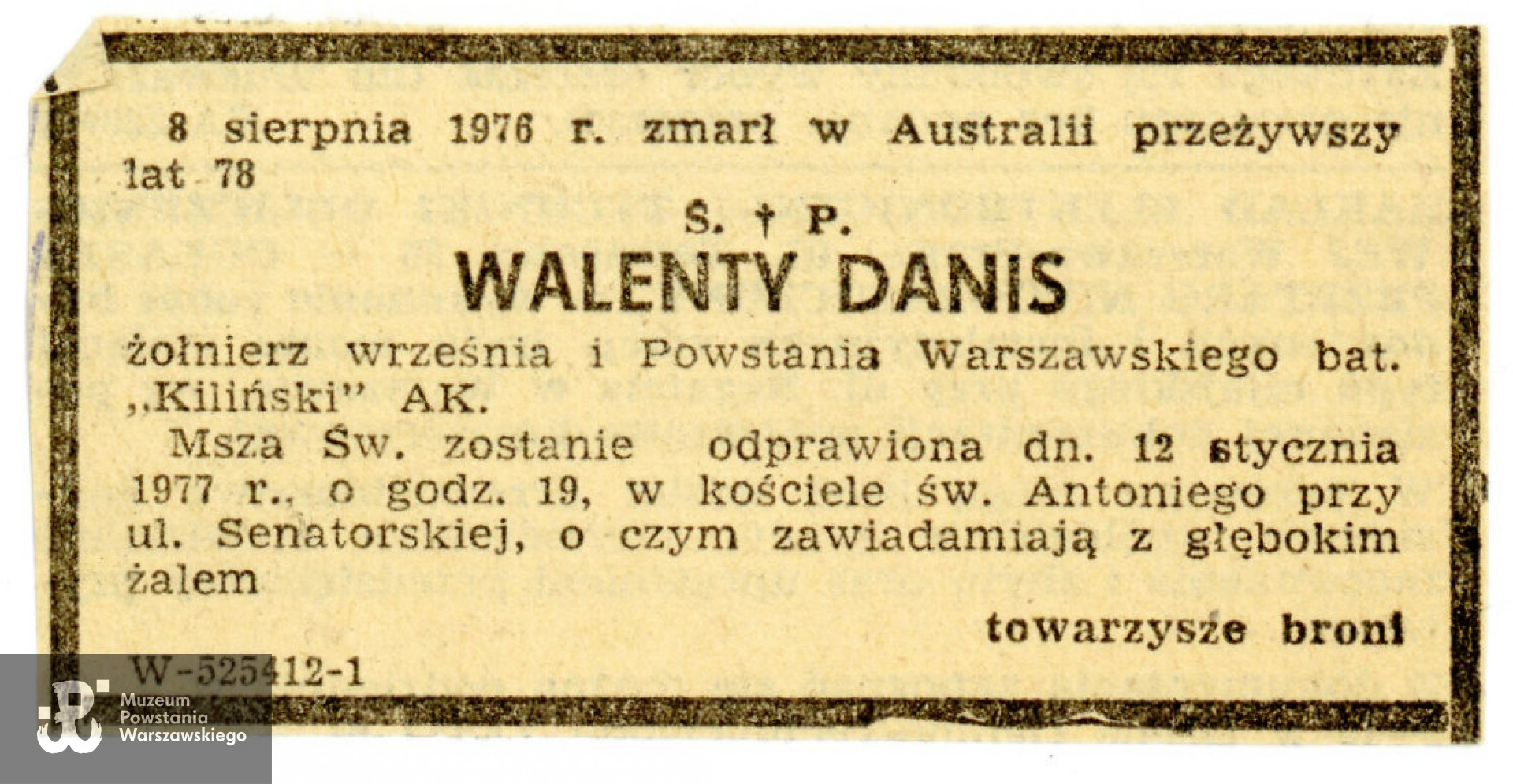 Nekrolog od towarzyszy broni, Warszawa, 1976. Udostępnił p. Mirosław Szymczak