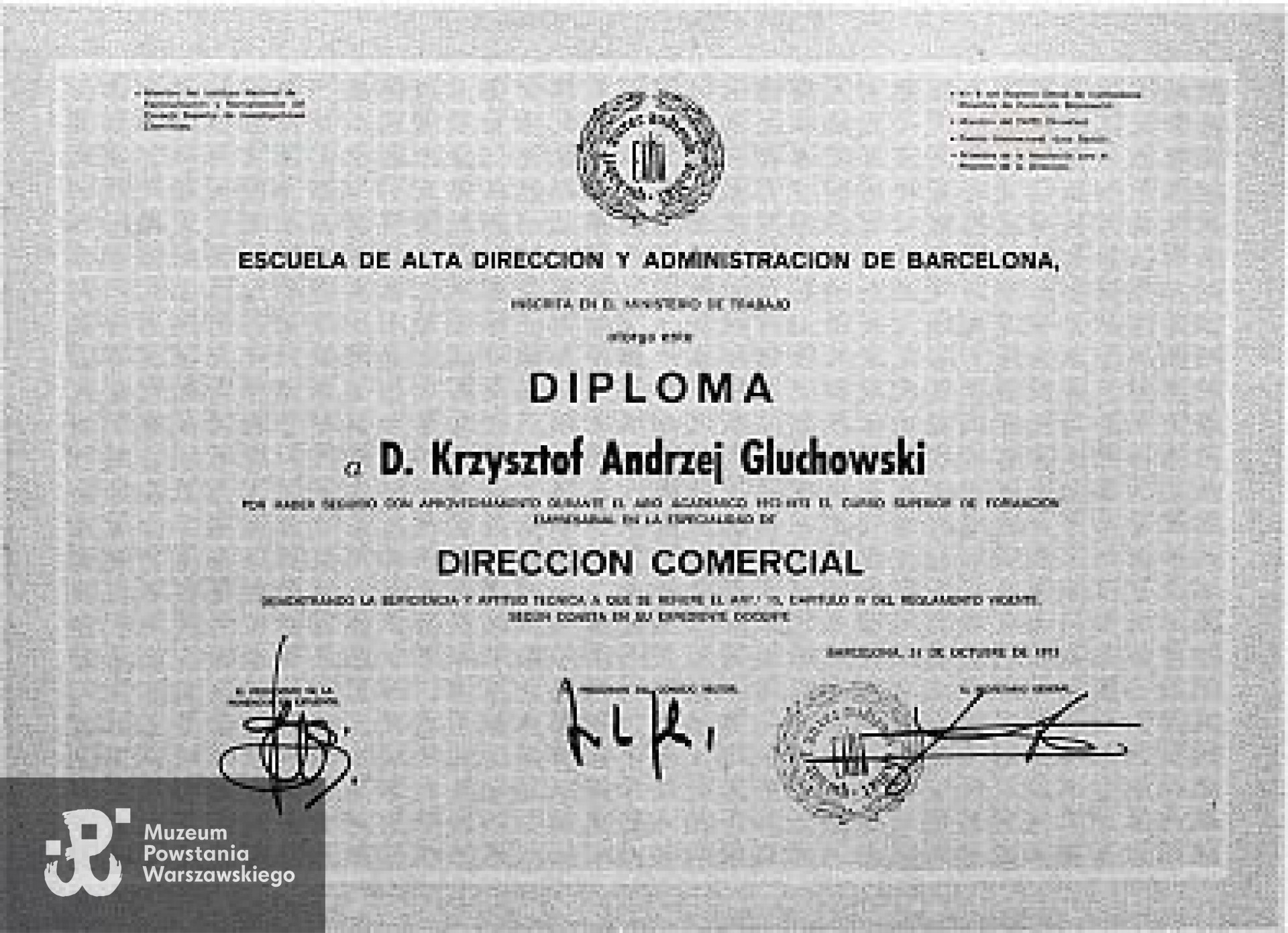 Dyplom z Escuela de Alta Dirección y Administración de Barcelona. Z archiwum rodzinnego Krzysztofa Głuchowskiego.