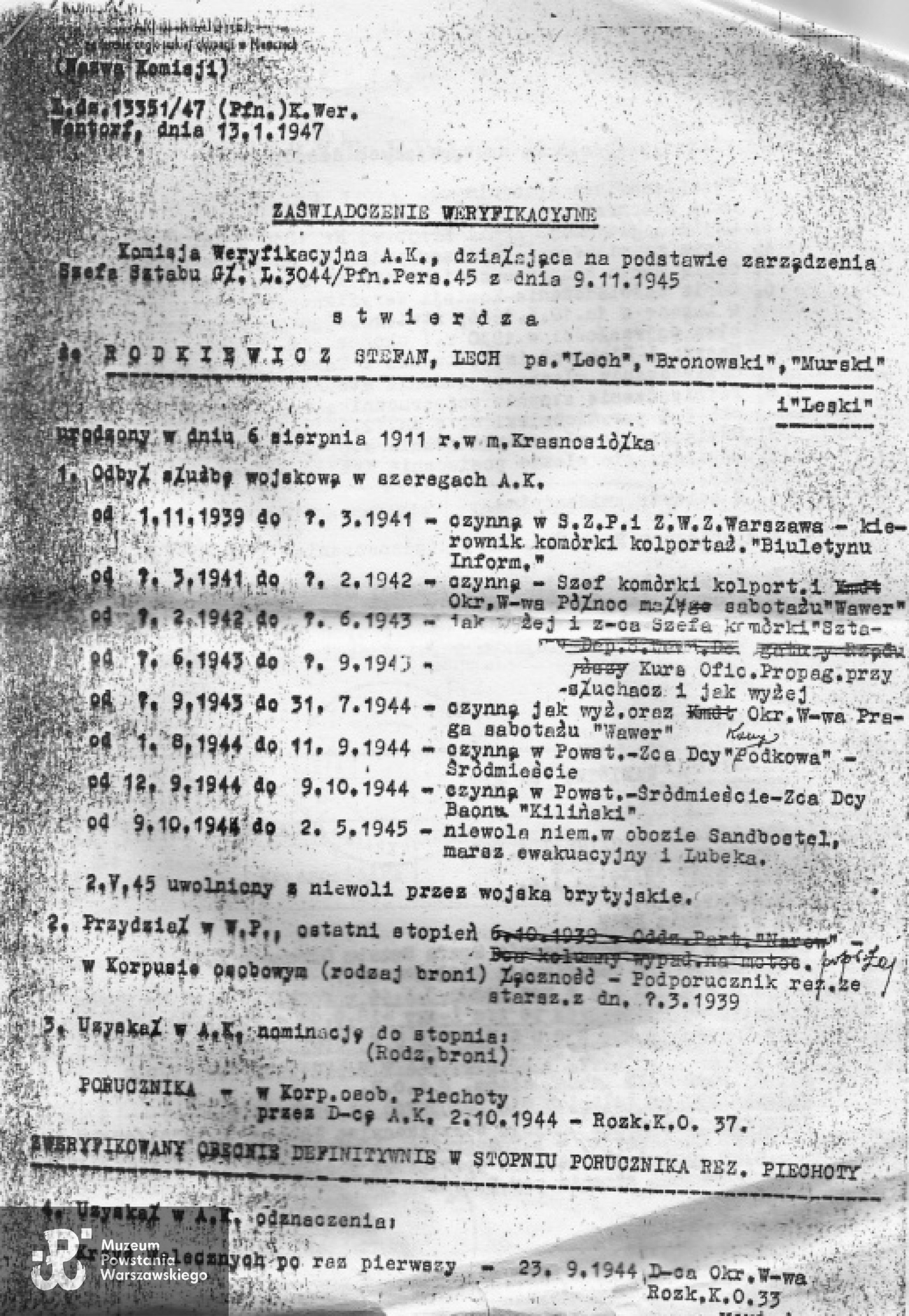 Kopia zaświadczenia weryfikacyjnego. Ze zbiorów  Moniki Kuryłek.