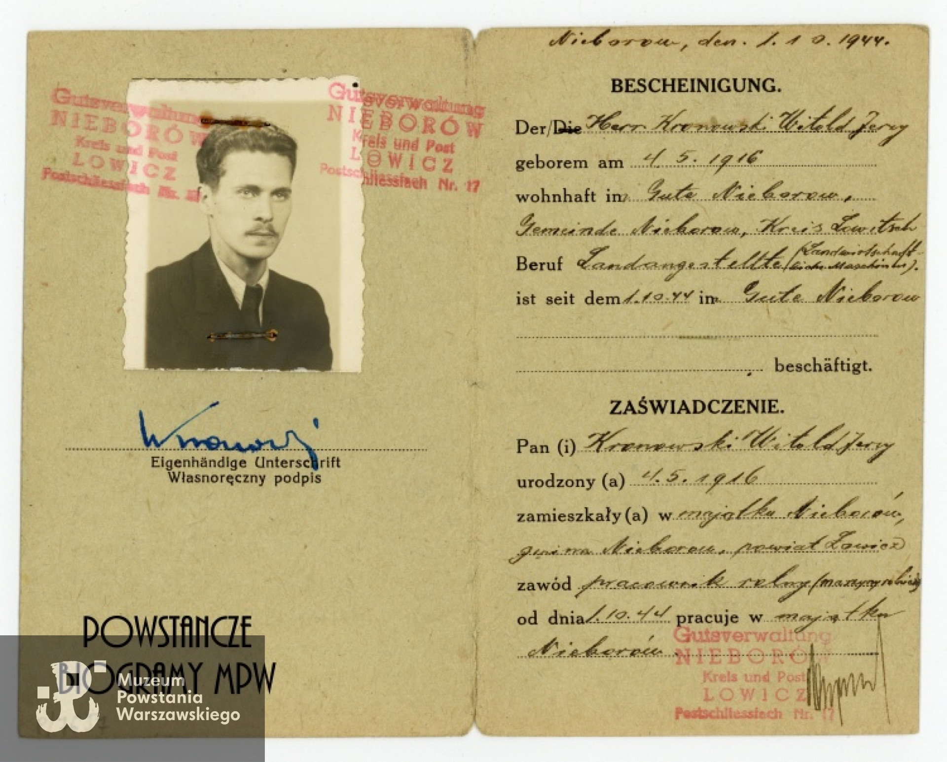 Zaświadczenie  o pracy w majątku w Nieborowie. Ze zbiorów Muzeum Powstania Warszawskiego, sygn. P/7657