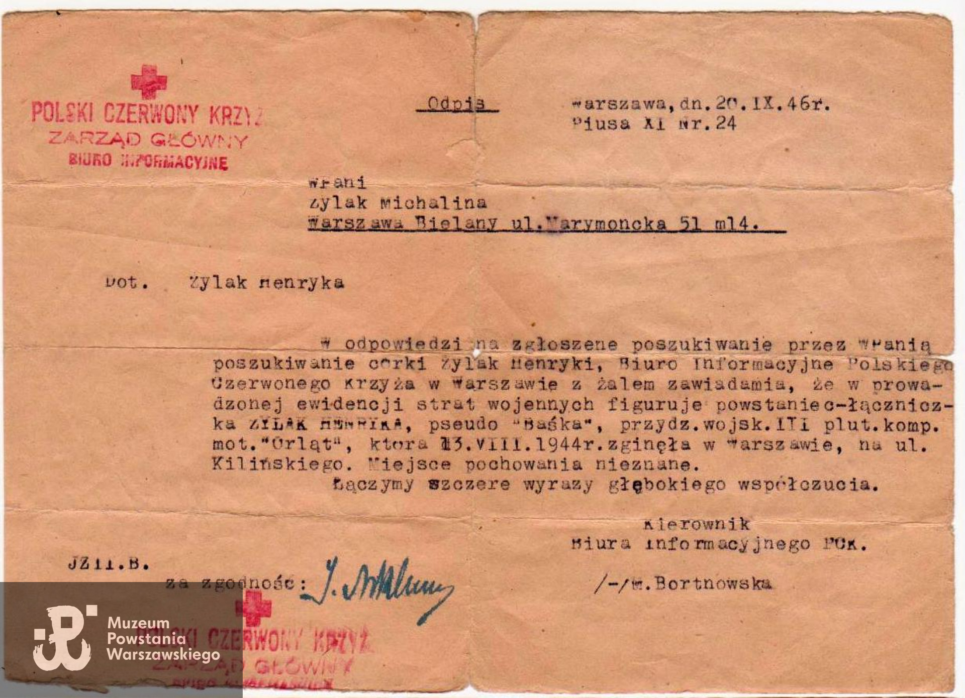 Korespondencja Biura Informacyjnego Polskiego Czerwonego Krzyża do matki, Michaliny Żylak. Kserokopia dokumentu z archiwum rodzinnego udostępnił p. Andrzej Wichowski
