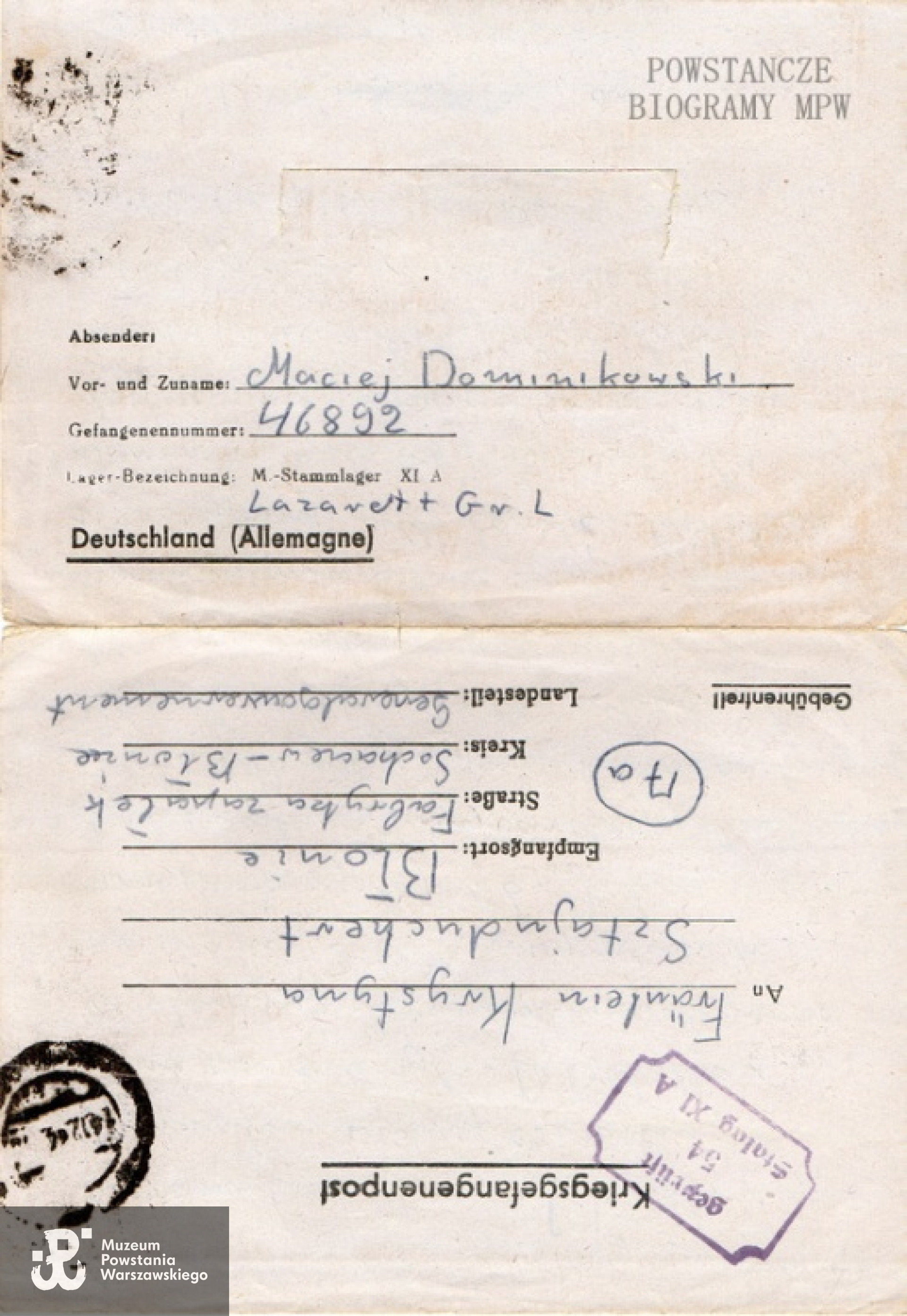 List Macieja z obozu jenieckiego. Ze zbiorów Macieja Dominikowskiego. Fot. <i> Archiwum 2HBAP "Żbik"</i>