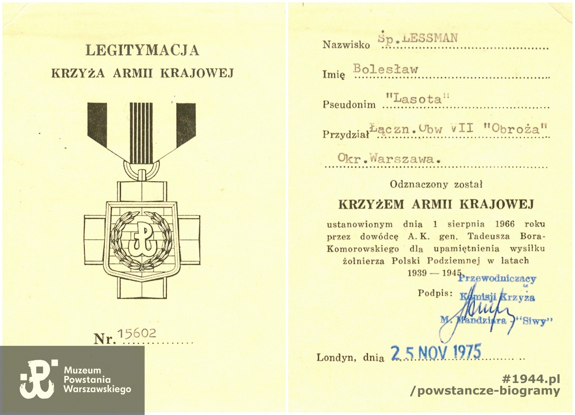 Legitymacja odznaczeniowa - Krzyż Armii Krajowej. Skan ze zbiorów rodzinnych p. Ryszarda Lessmana, syna Powstańca