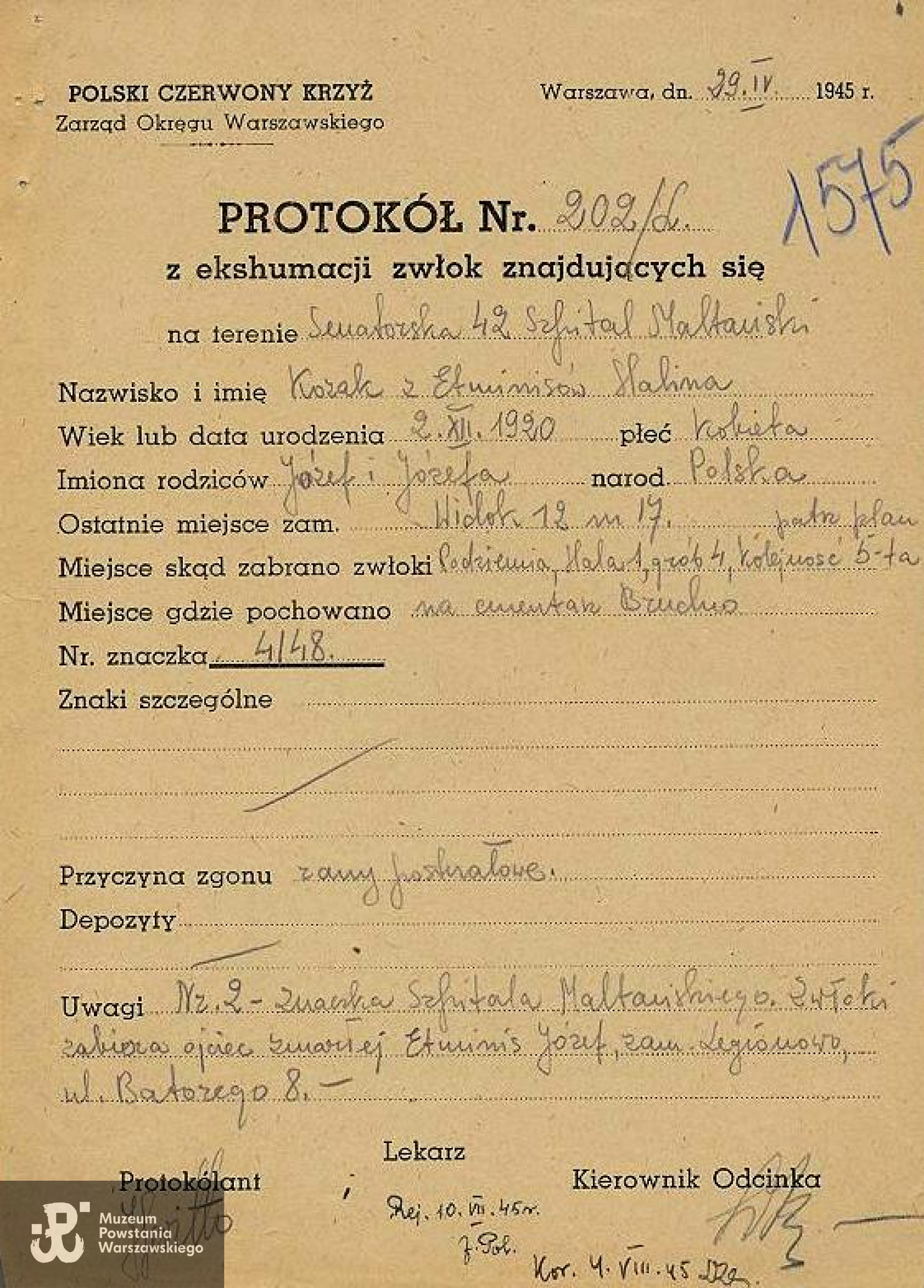 Protokół ekshumacyjny - PCK - Lista Strat