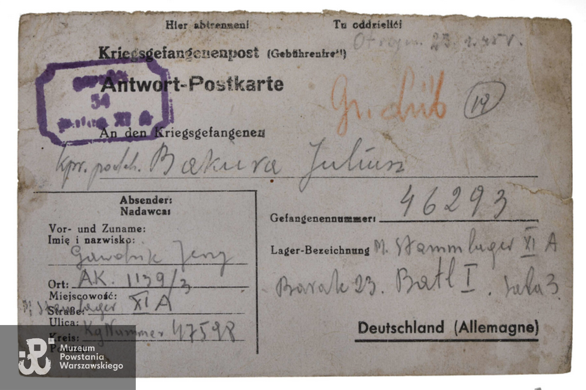 List obozowy pisany przez Jerzego Gawdzika, jeńca nr 47598 do Juliusza Bakiery ps. Błysk, zbiory prywatne