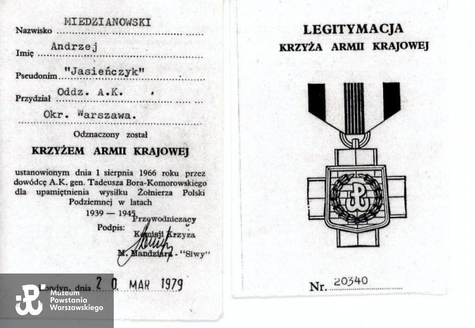Legitymacja Krzyża Armii Krajowej - Londyn 1979