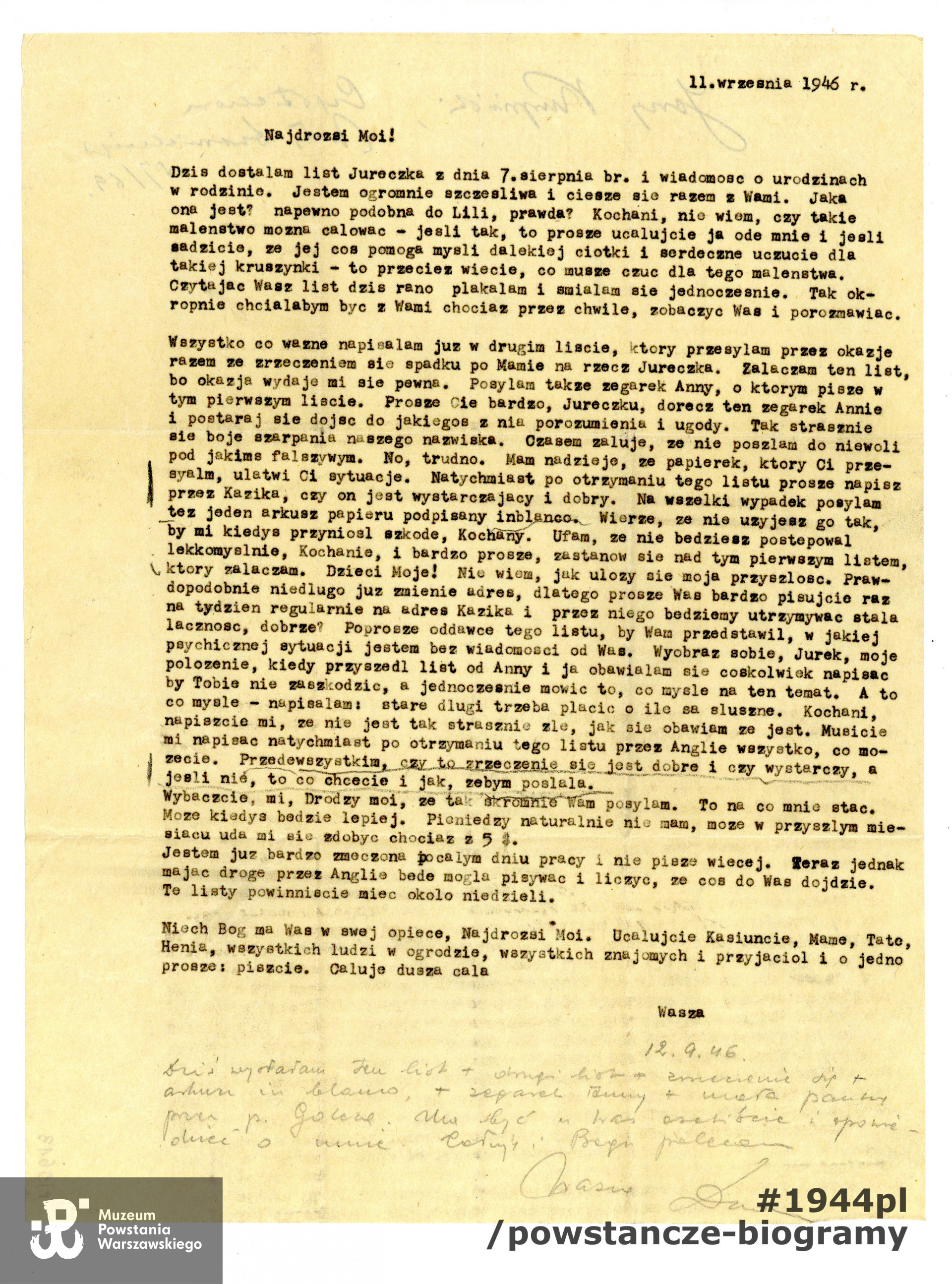 List Marii Kurpińskiej do rodziny.  Ze zbiorów Muzeum Powstania Warszawskiego, sygn. P/9613/22