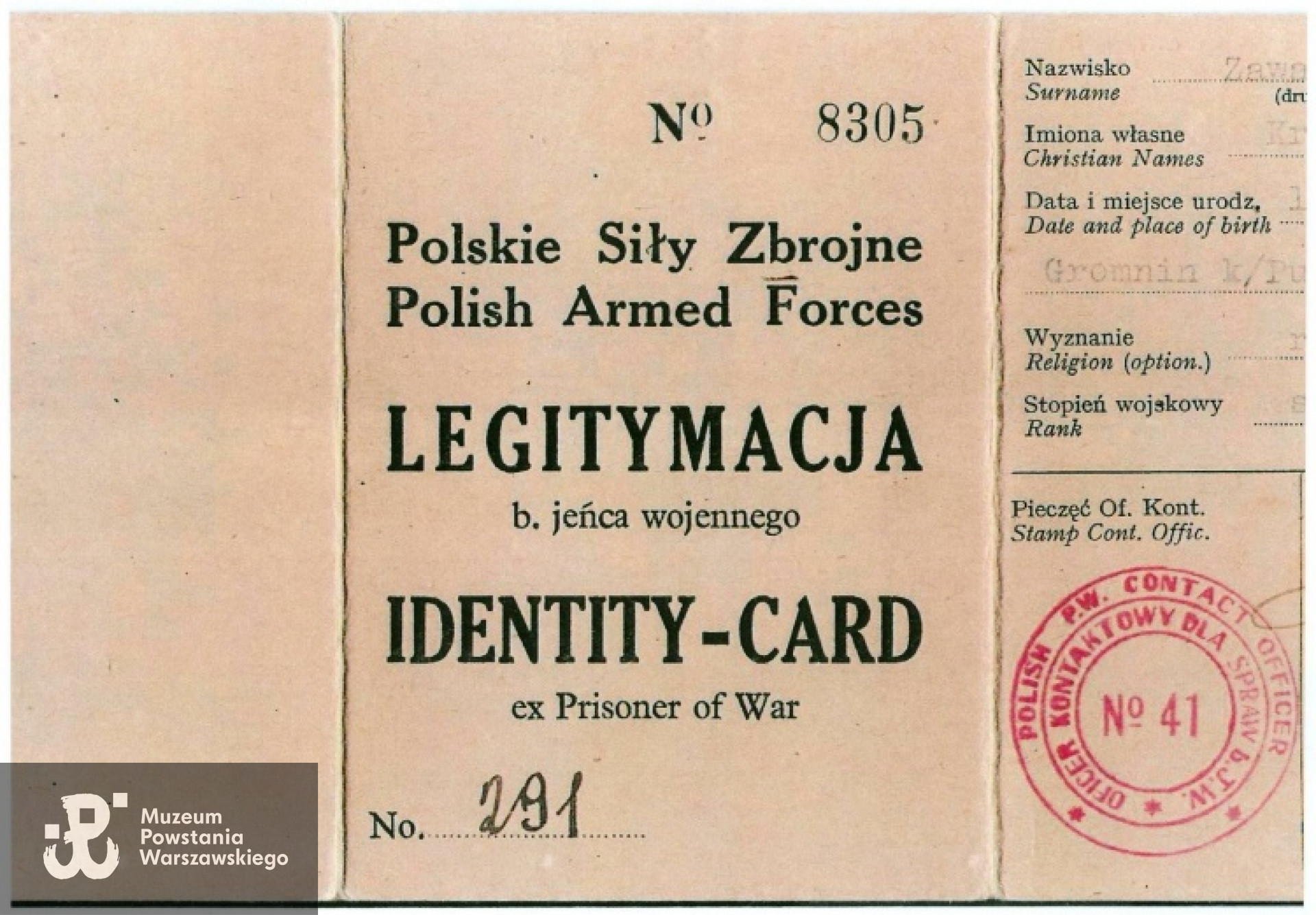 Legitymacja b. jeńca wojennego,  źr. Teczki personalne uczestników Powstania Warszawskiego, zasób Działu Kombatanta MPW