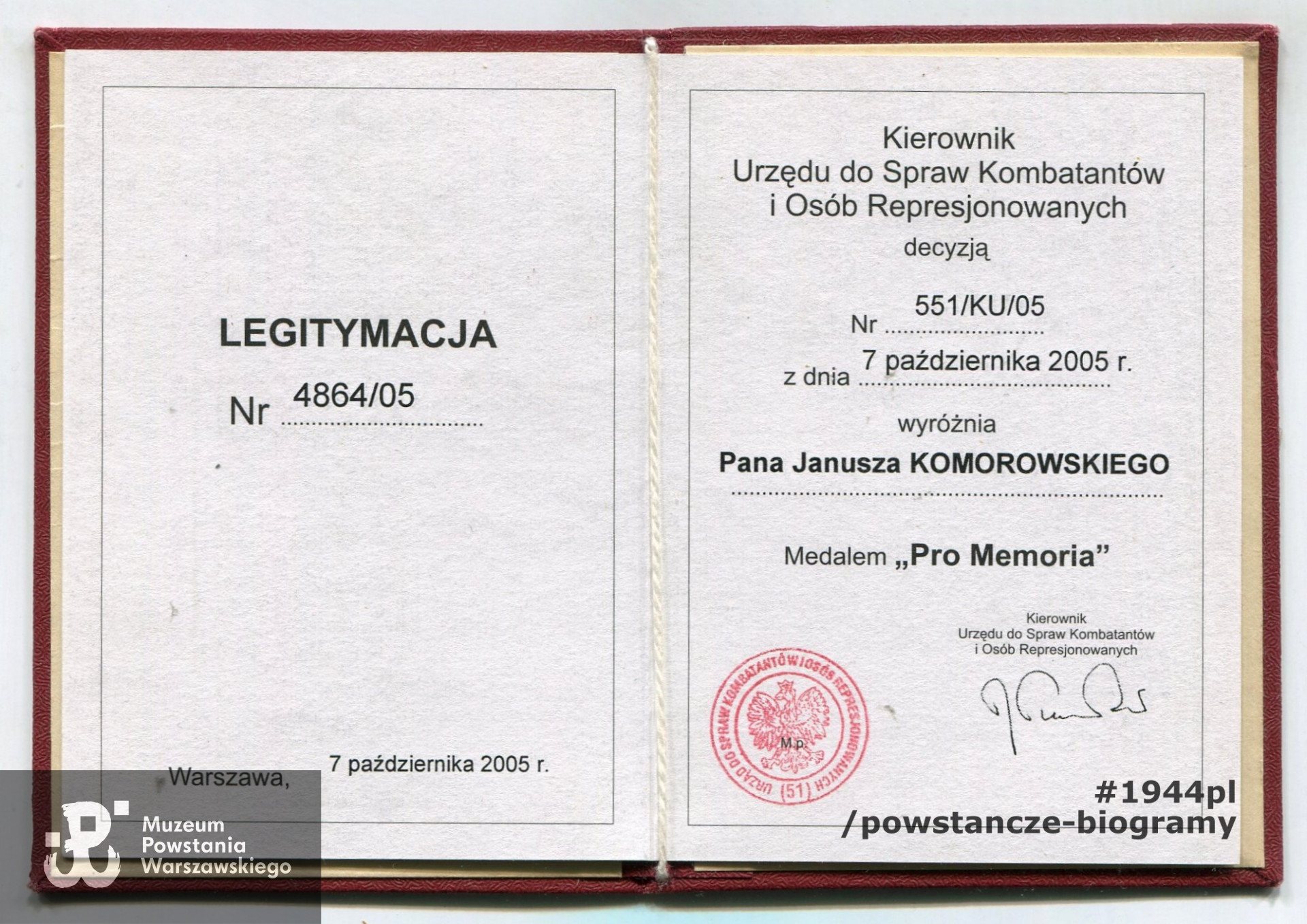 Legitymacja odznaczeniowa ze zbiorów p. Janusza Komorowskiego ps. „Antek”. Skan - materiały do Słownika Uczestników PW/Pokój Kombatanta MPW