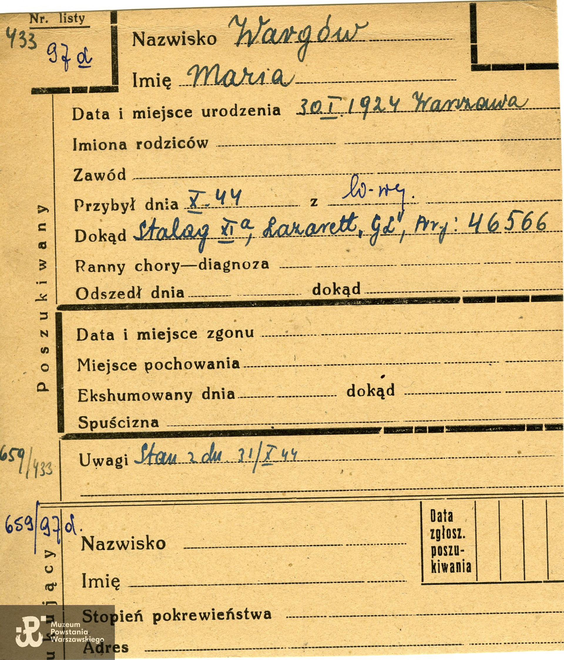 Polski Czerwony Krzyż - kartoteka, tutaj błędnie jako Wargów Maria