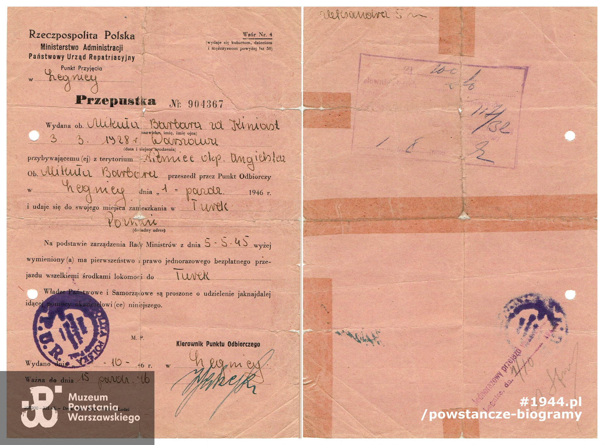 Przepustka Państwowego Urzędu Repatriacyjnego (P.U.R). Z archiwum rodzinnego udostępniła p. Danuta Mikuła - Dobroń