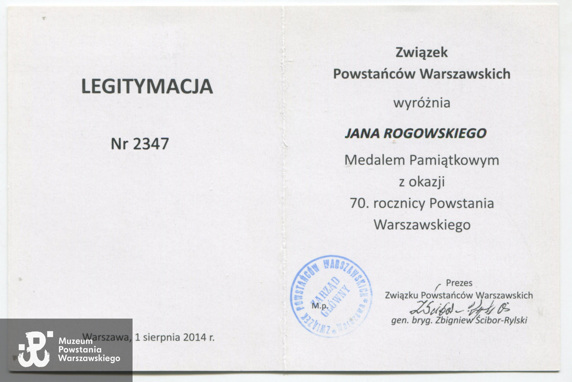Fot. ze zbiorów  rodzinnych,  skan wykonano w Muzeum Powstania Warszawskiego, Teczki personalne uczestników Powstania Warszawskiego: Rogowski Jan Krystian, 