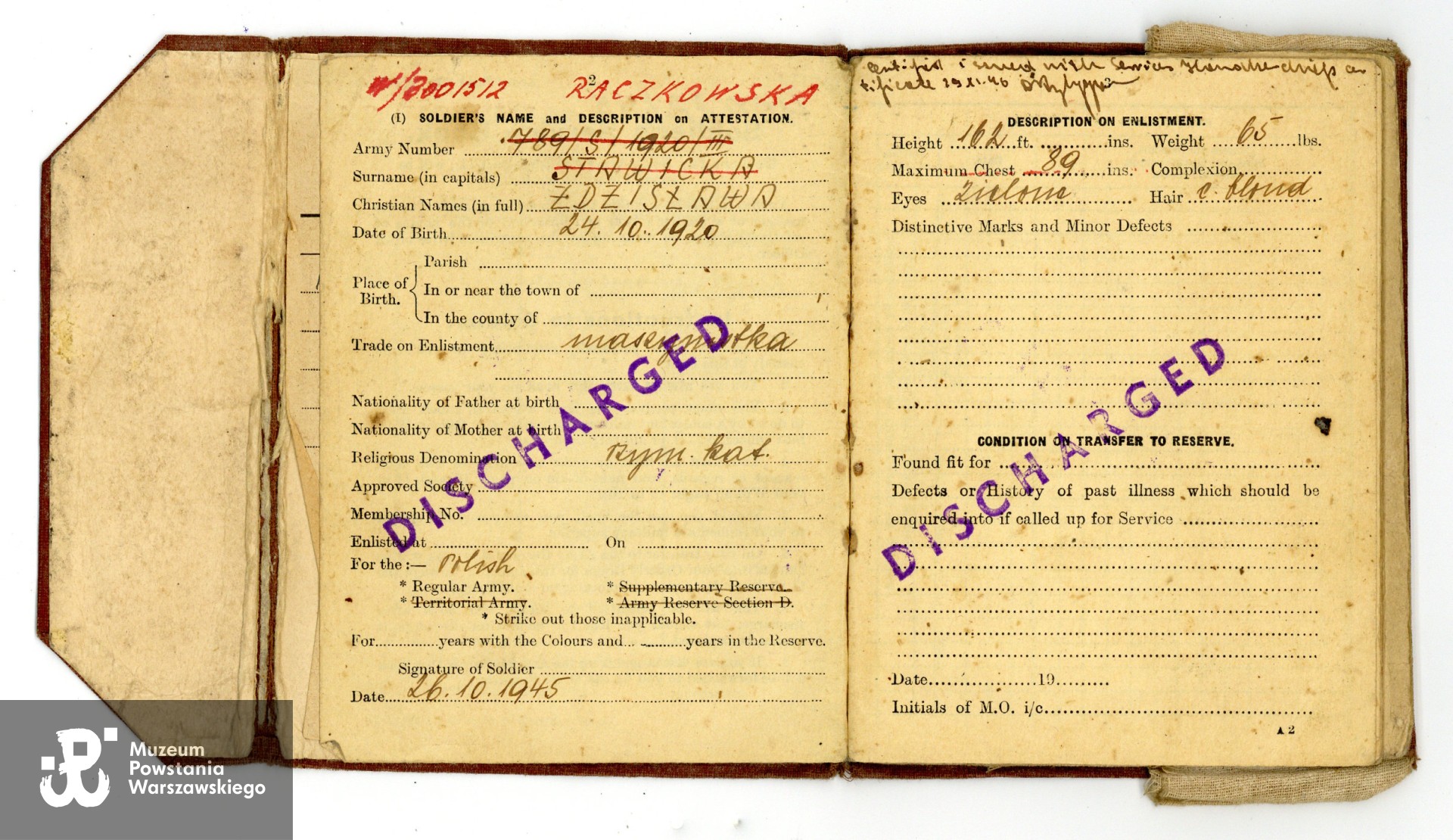 Książeczka wojskowa (Soldier's Service and Pay Book) wystawiona na nazwisko Zdzisława Stawicka [Raczkowska].