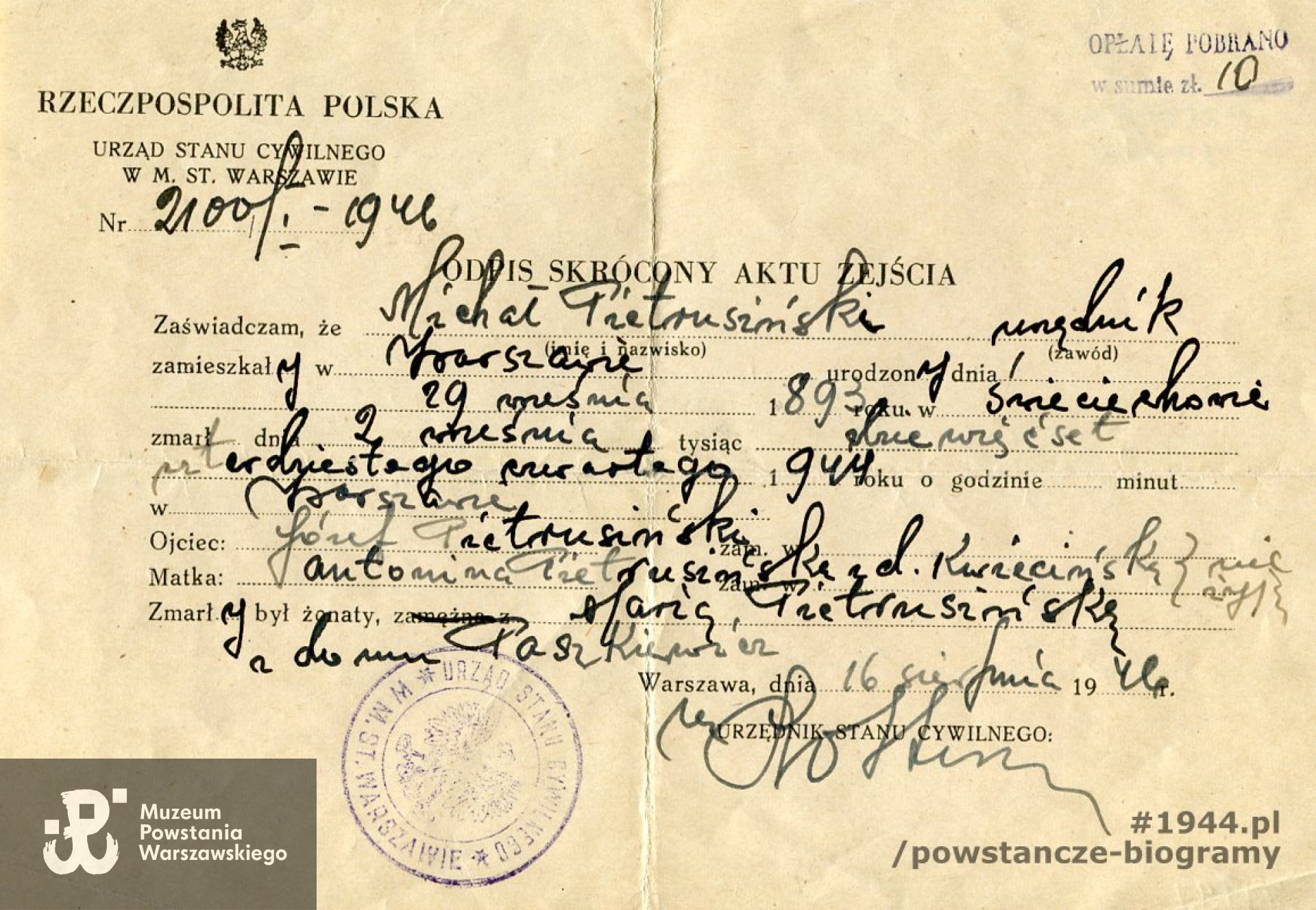 Odpis aktu zgonu wystawiony na nazwisko Michał Pietrusiński. Ze zbiorów Muzeum Powstania Warszawskiego, sygn. P/1798.