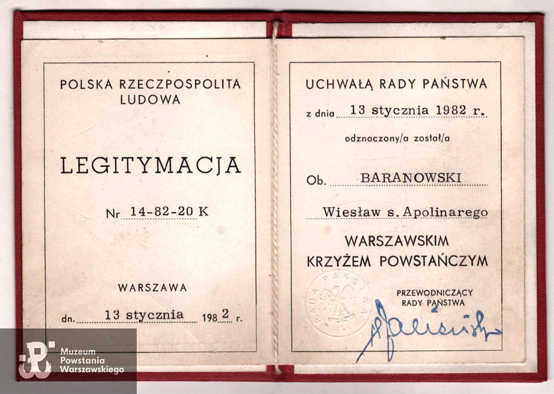 Legitymacja odznaczeniowa  - Warszawski Krzyż Powstańczy. Dokument ze zbiorów rodzinnych, skan udostępnił p. Sebastian Baranowski, wnuk Powstańca.