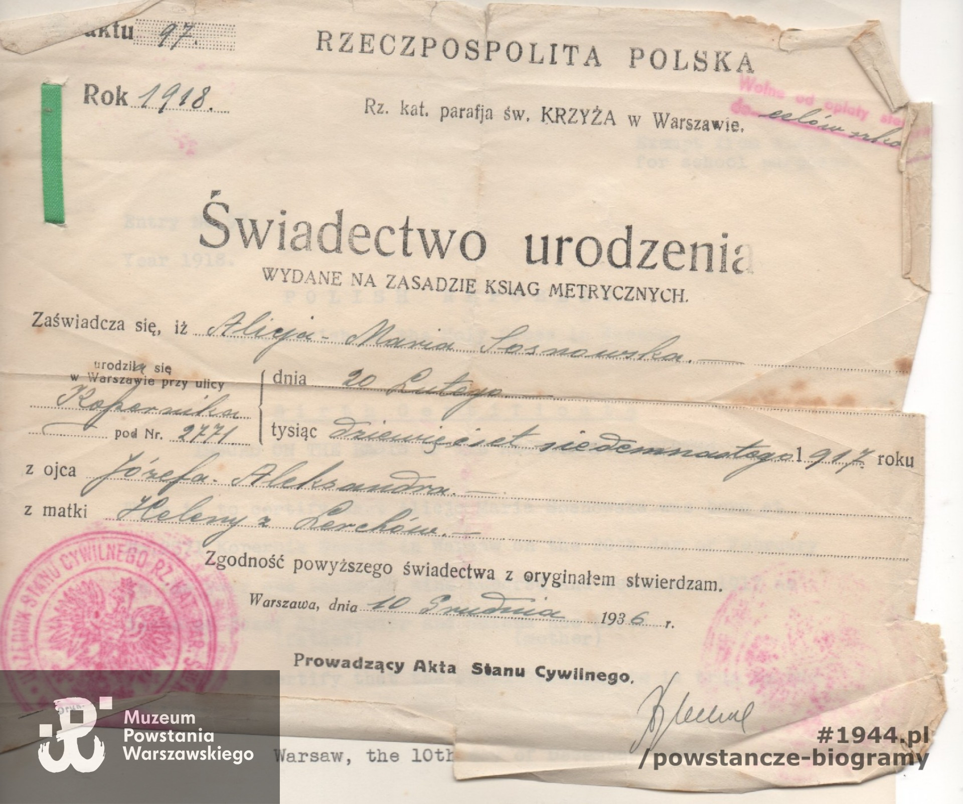 Świadectwo urodzenia. Fot. archiwum rodzinne