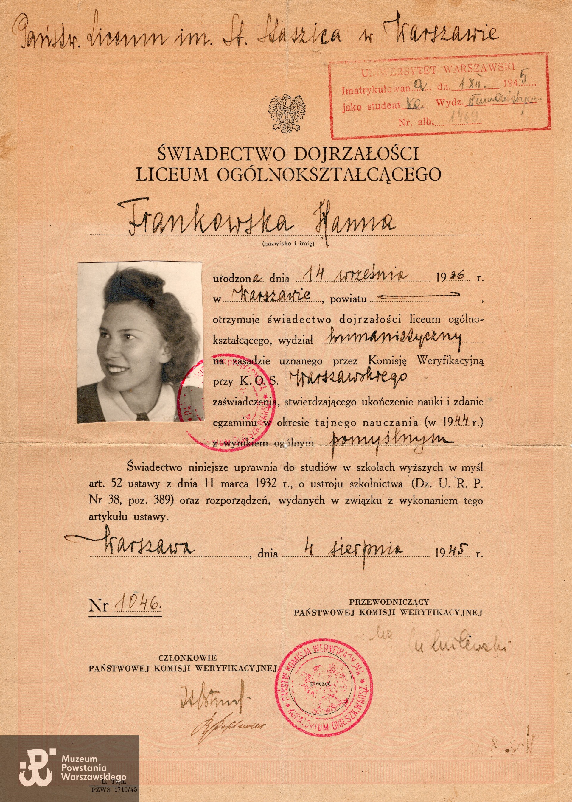 Świadectwo dojrzałości. Ze zbiorów p. Hanny Lebeckiej z domu Frankowskiej, skan wykonano w Muzeum Powstania Warszawskiego, 2024.