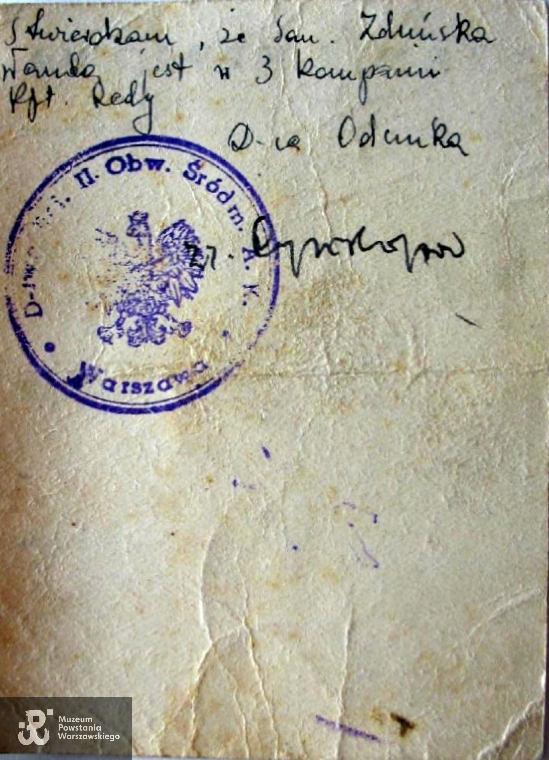 Przydział Janiny Bodnarowej w Powstaniu Warszawskim:   - batalion „Miłosz” - 3. kompania kpt. „Redy". Skan udostępnił p. Krzysztof M. Kaźmierczak