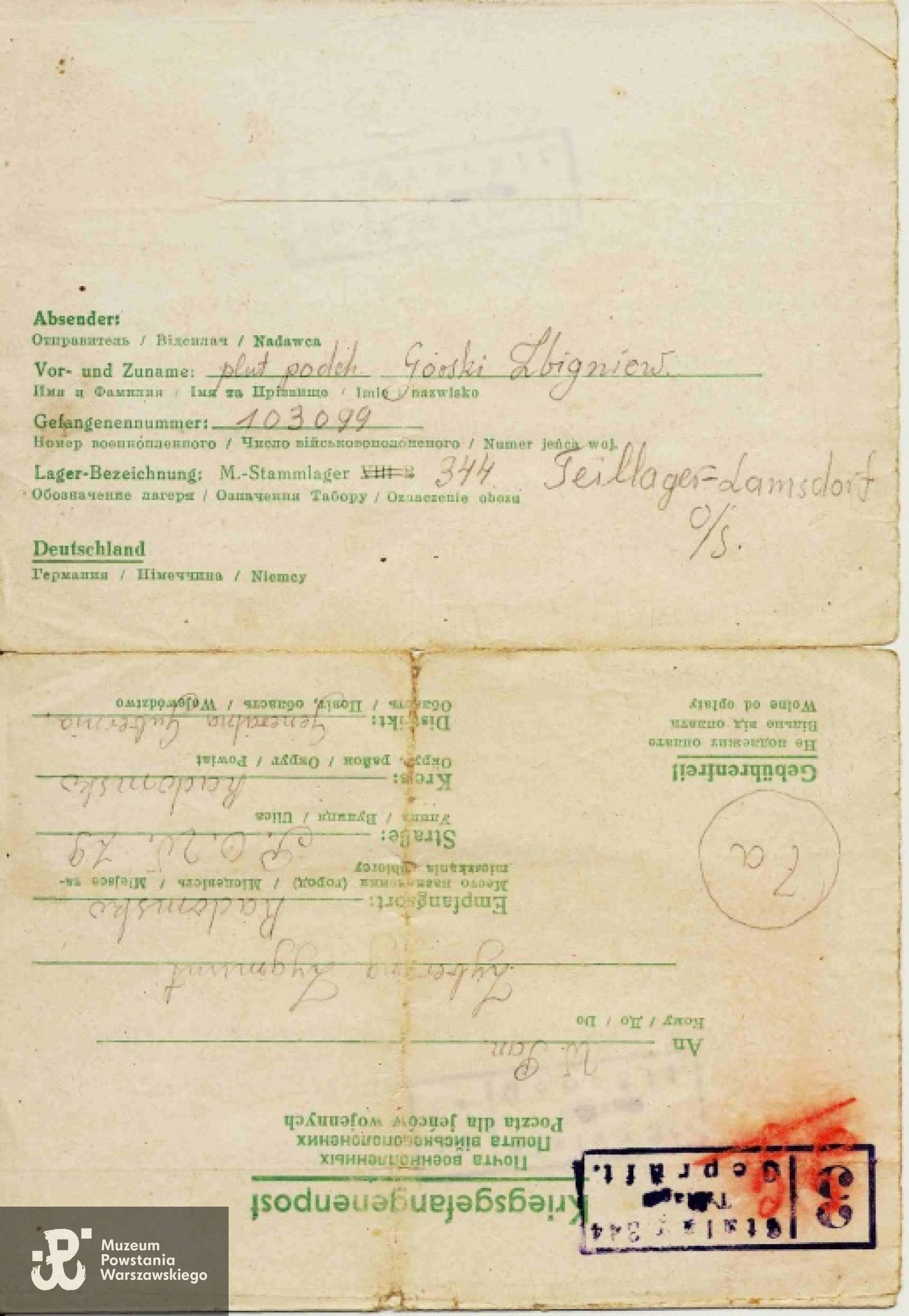 Listy obozowe Z. Górskiego z  archiwum rodzinnego.