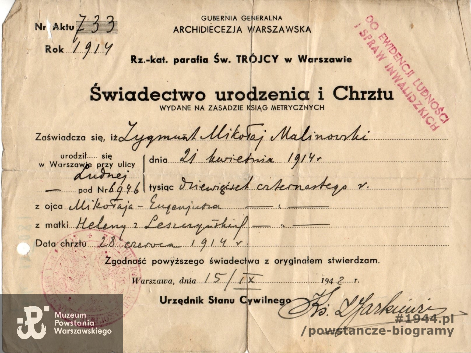 Świadectwo urodzenia i chrztu. Ze zbiorów rodzinnych p. Ryszarda Malinowskiego.