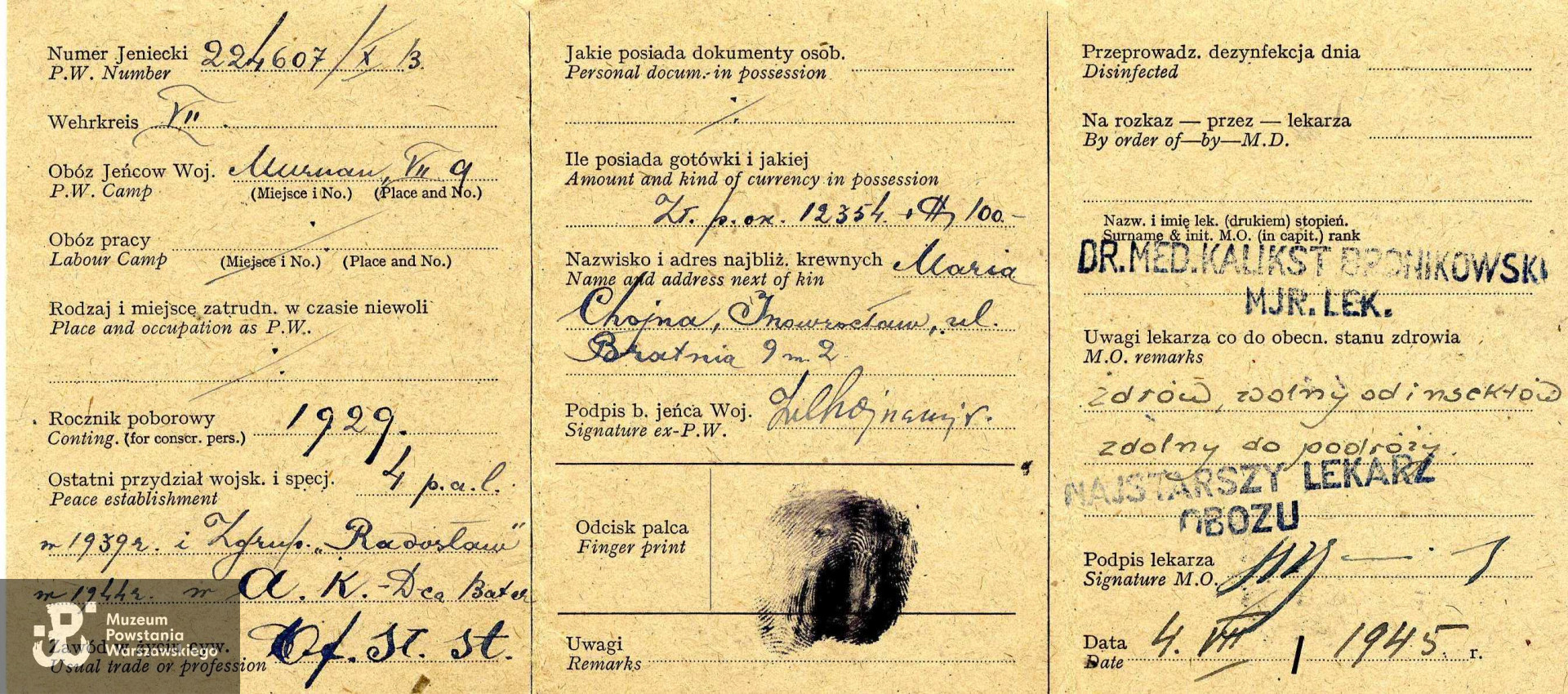 Legitymacja Byłego Jeńca Wojennego. Dokument ze zbiorów rodzinnych,  skan udostępniła p. Agnieszka Ławacz-Sampanis