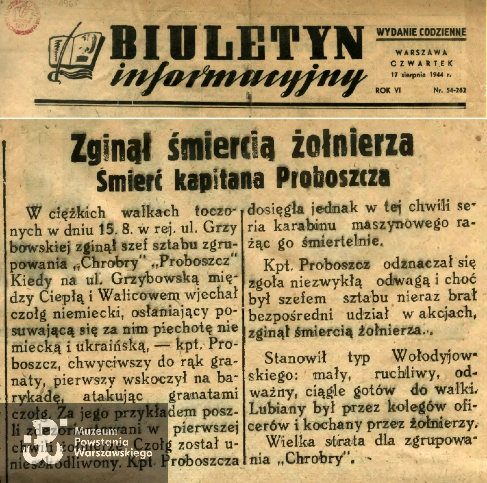 Fragment  54. numeru "Biuletynu Informacyjnego" z 17.08.1944 informujący o śmierci kpt. Jana Jaroszka.  