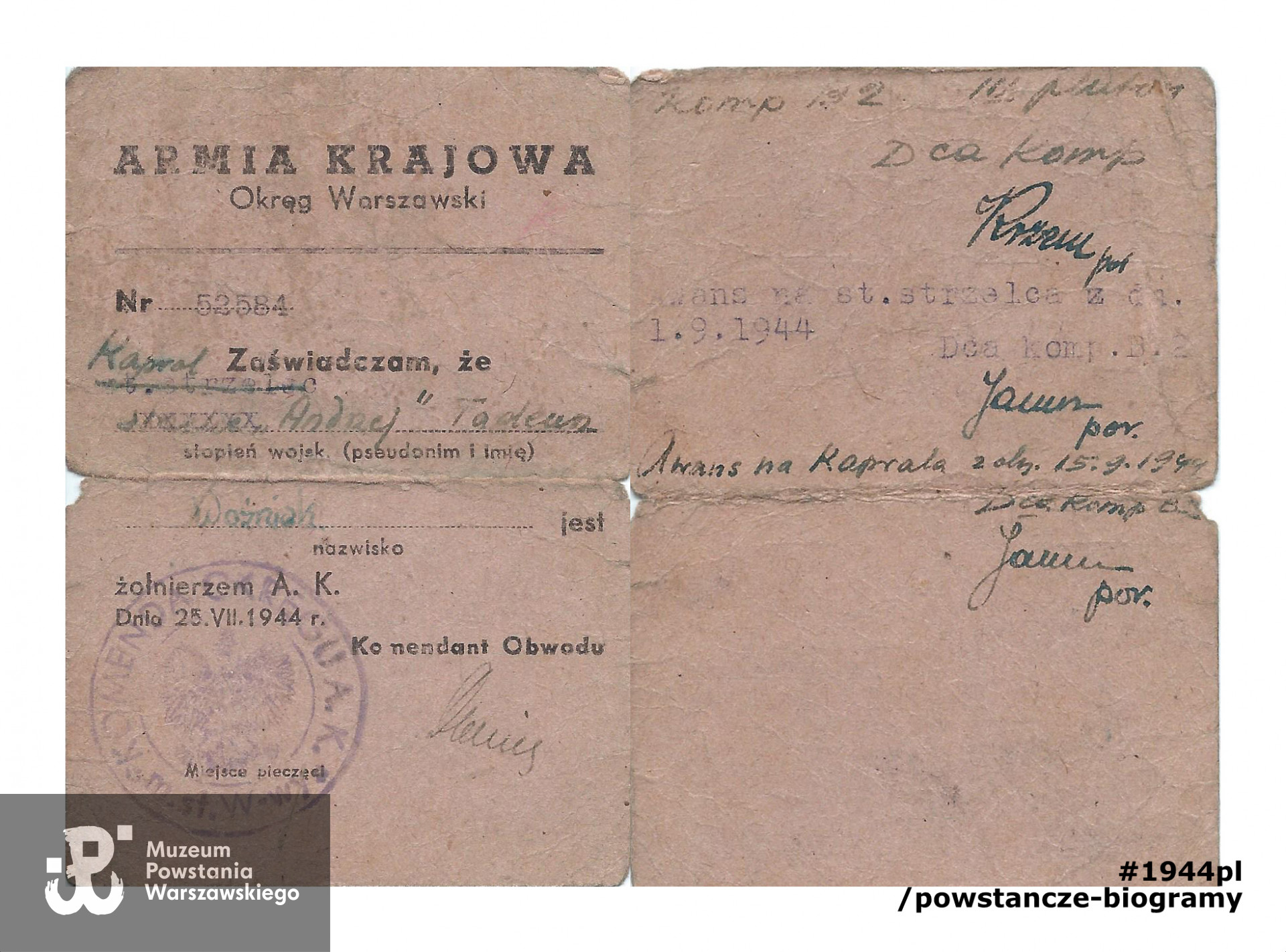 Skan legitymacji Armii Krajowej należącej do Tadeusza Woźniaka - awers i rewers. Ze zbiorów rodzinnych. Udostępnił p. Adam Woźniak, syn Powstańca