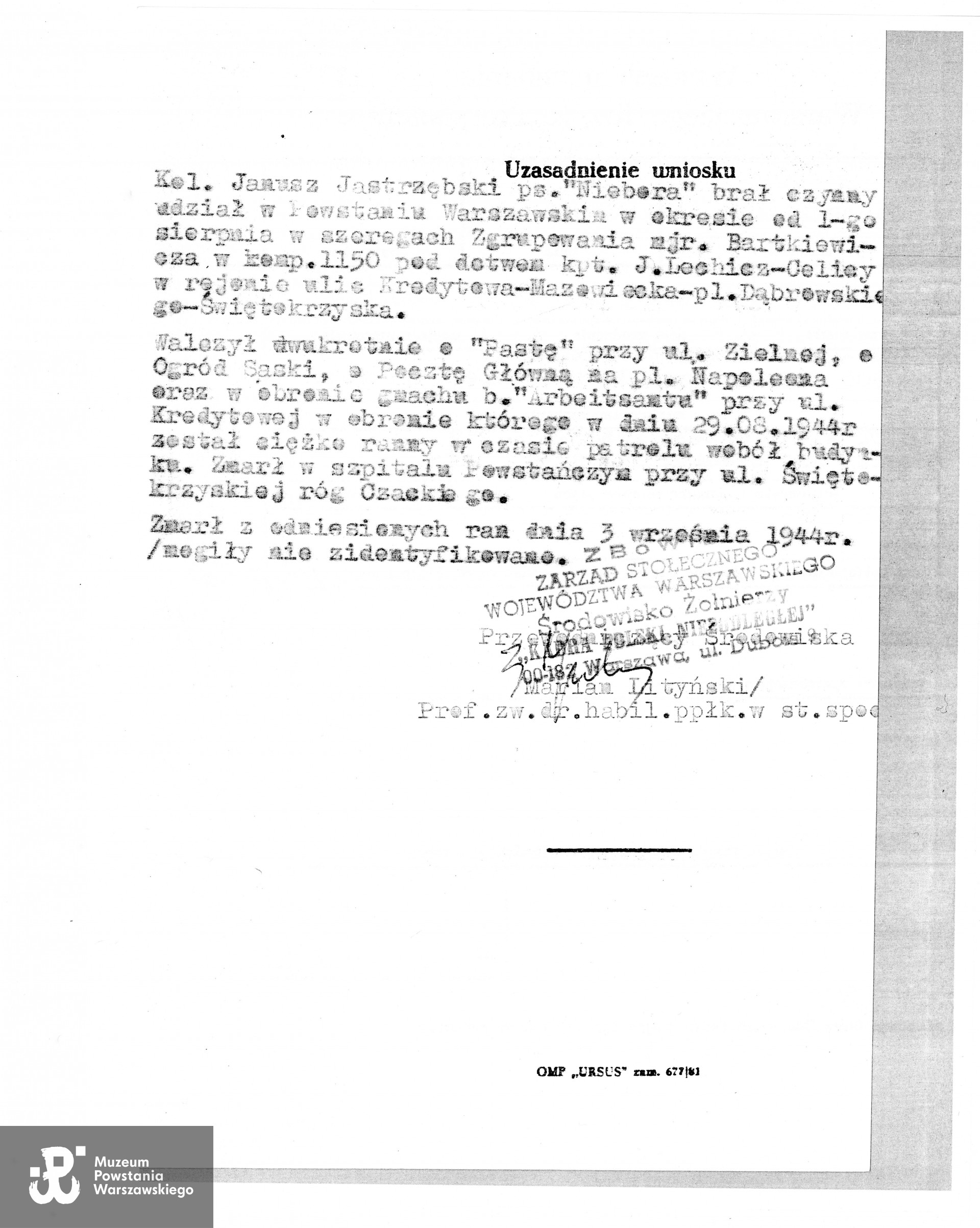 Muzeum Powstania Warszawskiego,  eczki personalne uczestników Powstania Warszawskiego: Jastrzębski  Janusz ps. Niebora