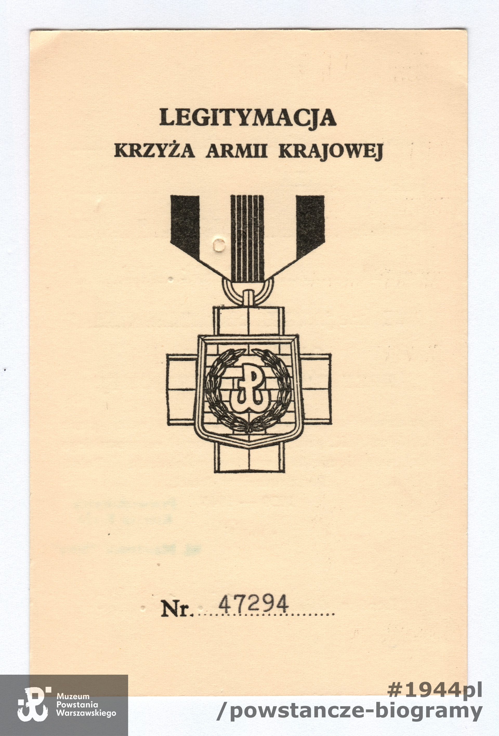 Legitymacja Krzyża Armii Krajowej. Ze zbiorów p. Marii Znojewskiej