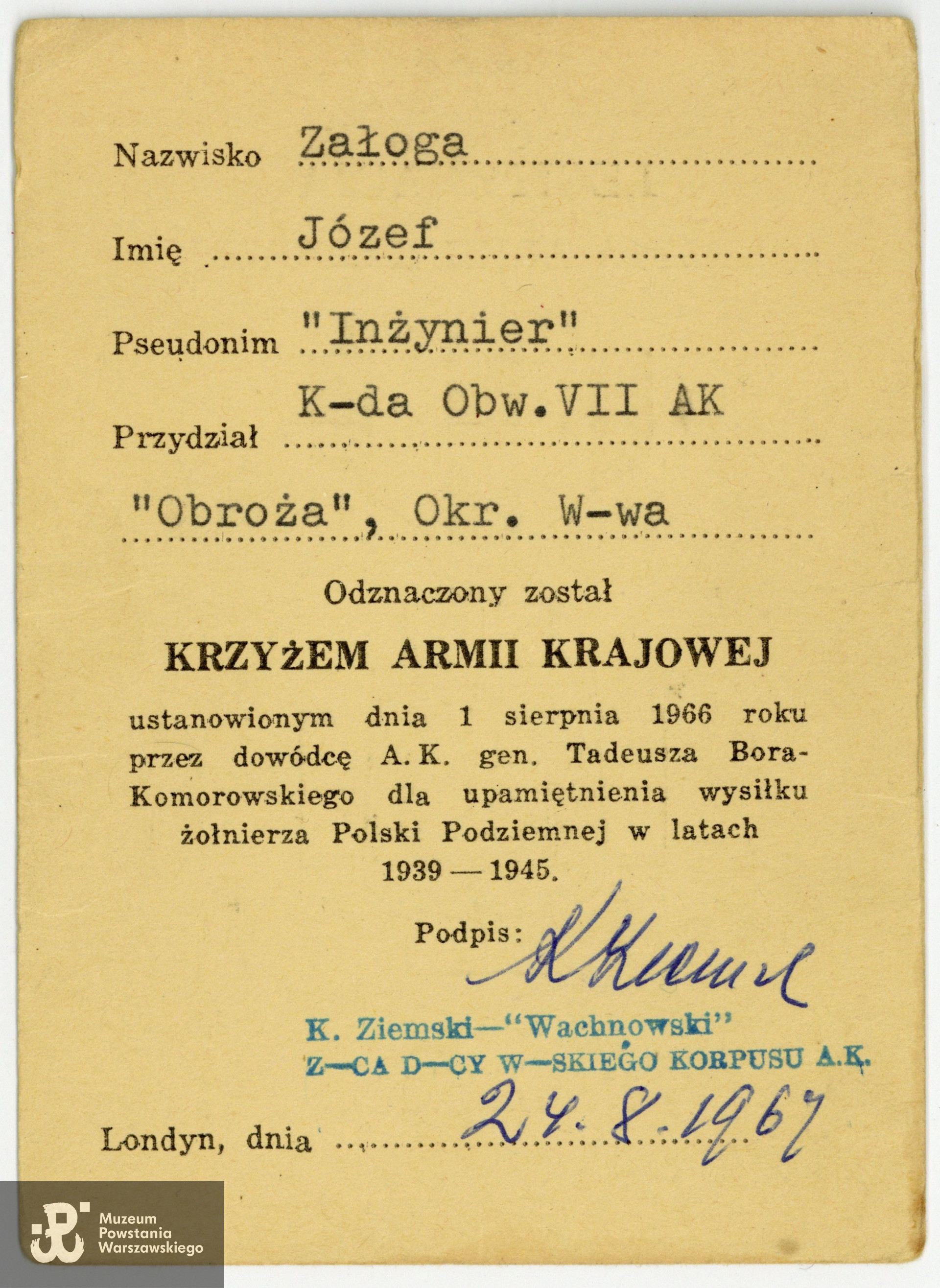 Legitymacja odznaczeniowa - Krzyż Armii Krajowej. Zbiory rodzinne, udostępniła  córka, p. Izabela Rola z domu Załoga