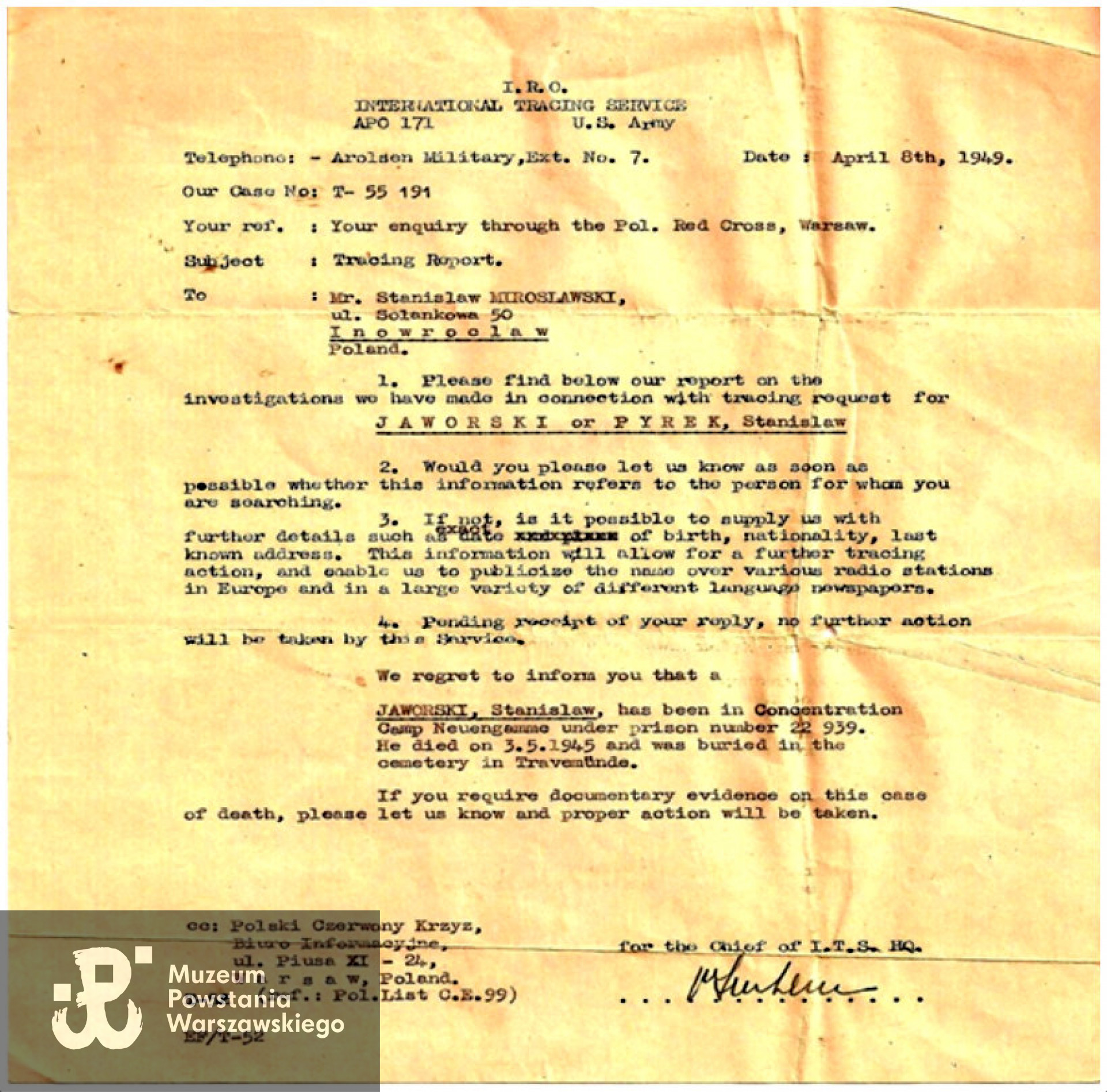 Zaświadczenie wystawione rodzinie przez  Ośrodek Poszukiwań w Bad Arlosen. Ze zbiorów rodzinnych Krzysztofa Jaworskiego