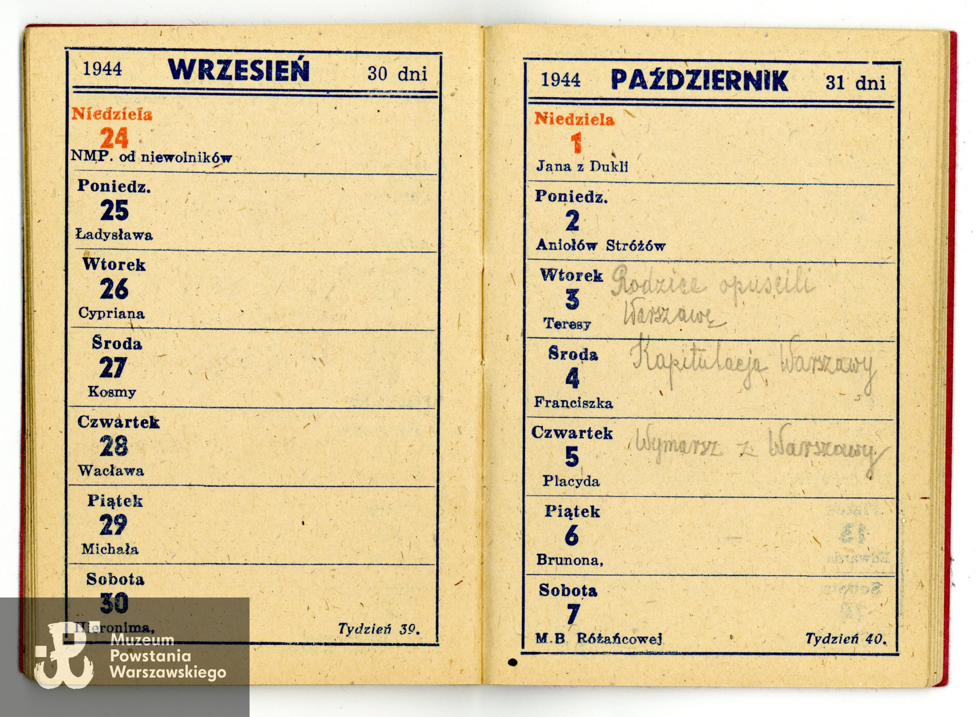 Kalendarzyk na 1944 rok, należący do Tadeusza Gaertiga. Ze zbiorów Muzeum Powstania Warszawskiego, MPW-A/9473 (P/7891),  dar p. Małgorzaty Gaertig-Barr, córki Powstańca