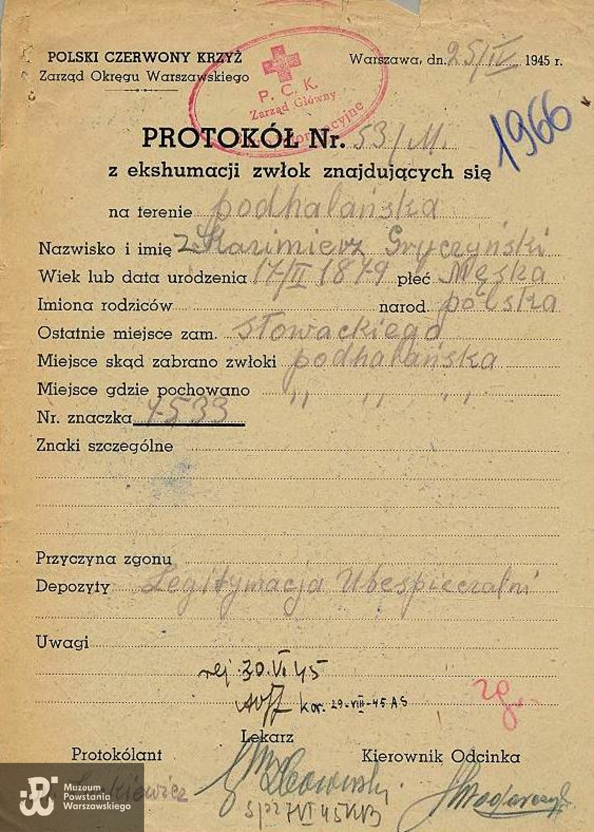 PCK - lista strat nr 1966 (protokół z ekshumacji zwłok w rejonie ul. Podhalańskiej róg Klarysewskiej z dn. 25.04.1945 r.)