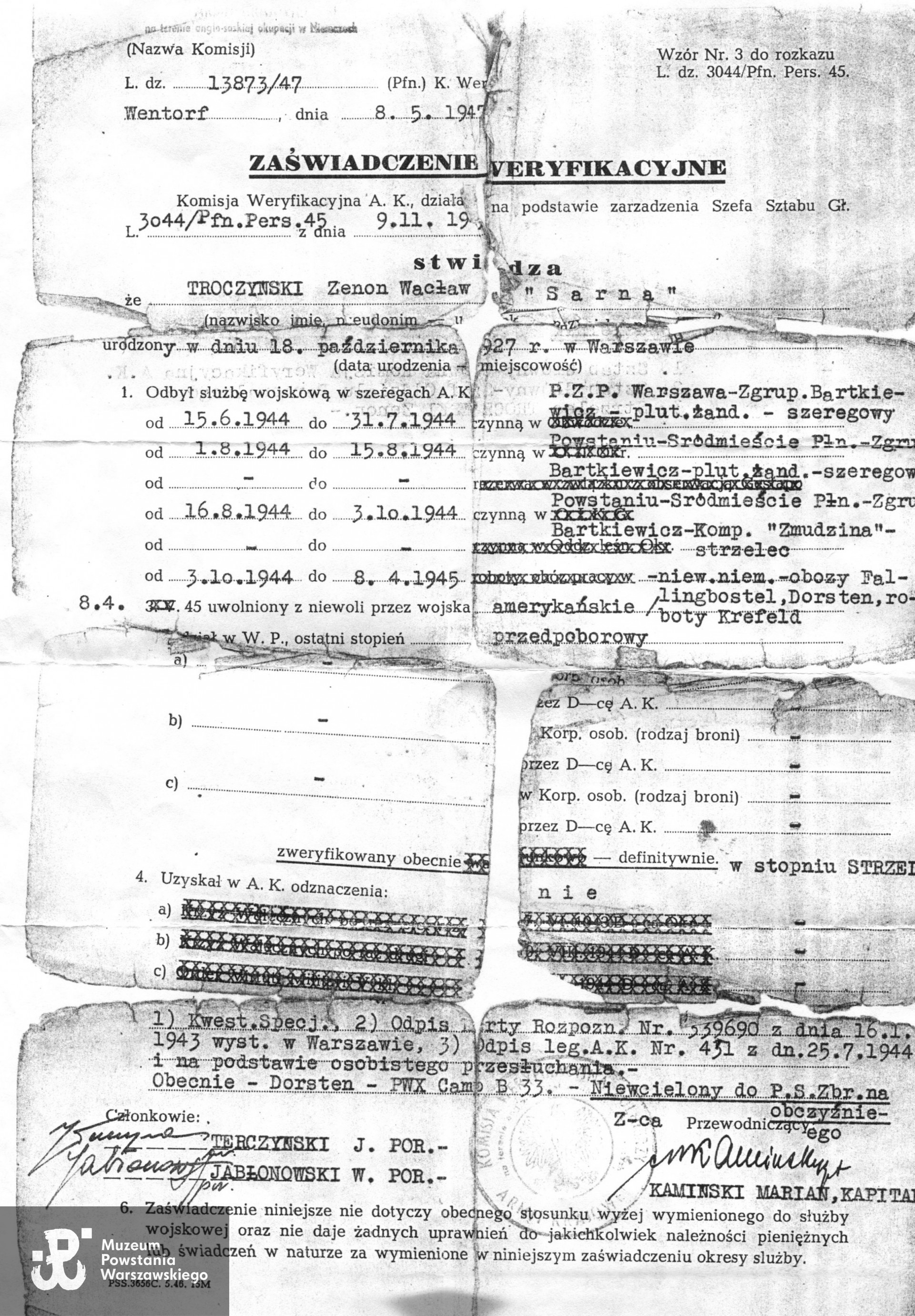 Zaświadczenie weryfikacyjne. Kserokopia w zbiorach MPW