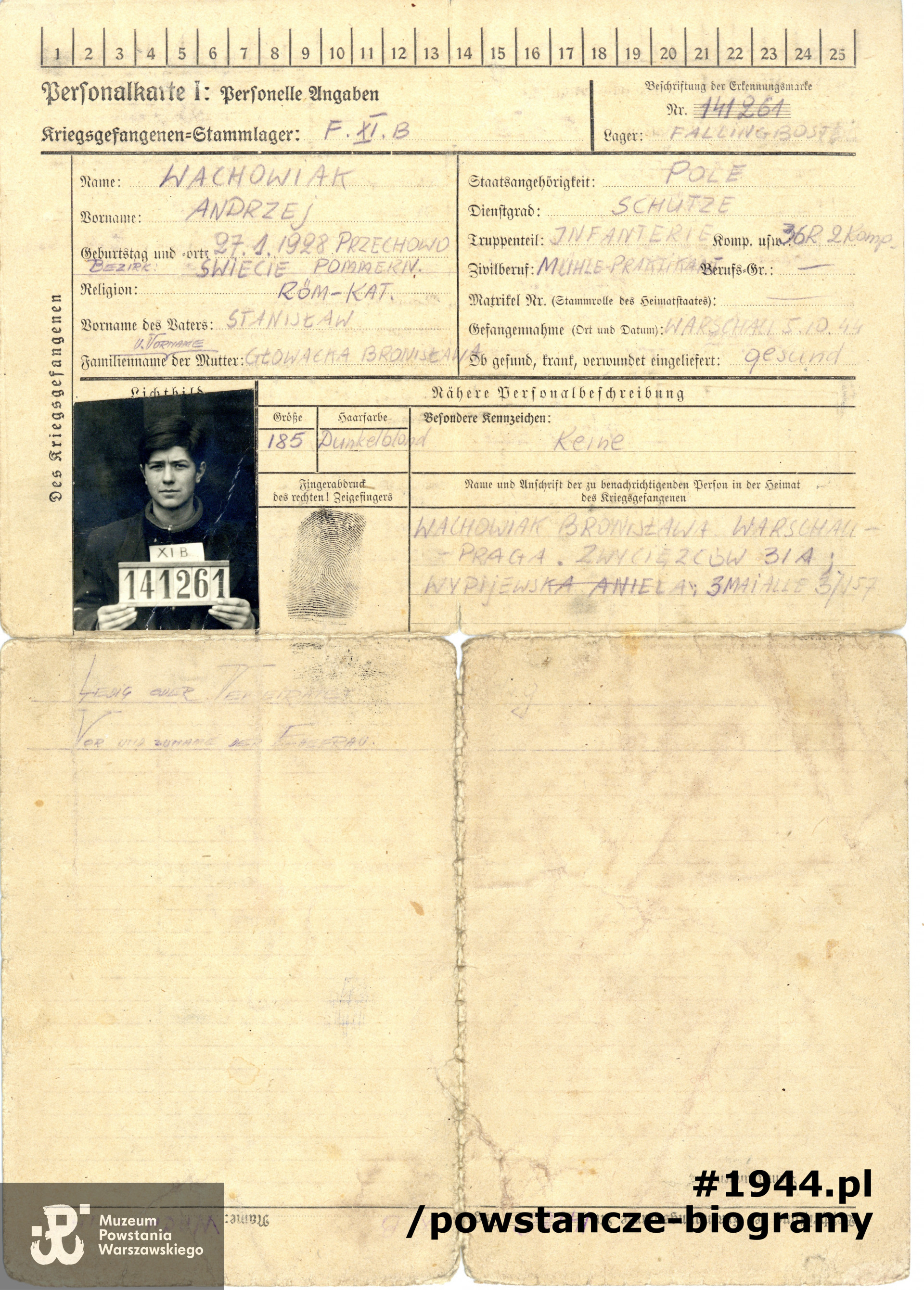 Karta personalna jeńca wystawiona na nazwisko Andrzej Wachowiak. Ze zbiorów Muzeum Powstania Warszawskiego, sygn. MPW-A/2094 (P/254)