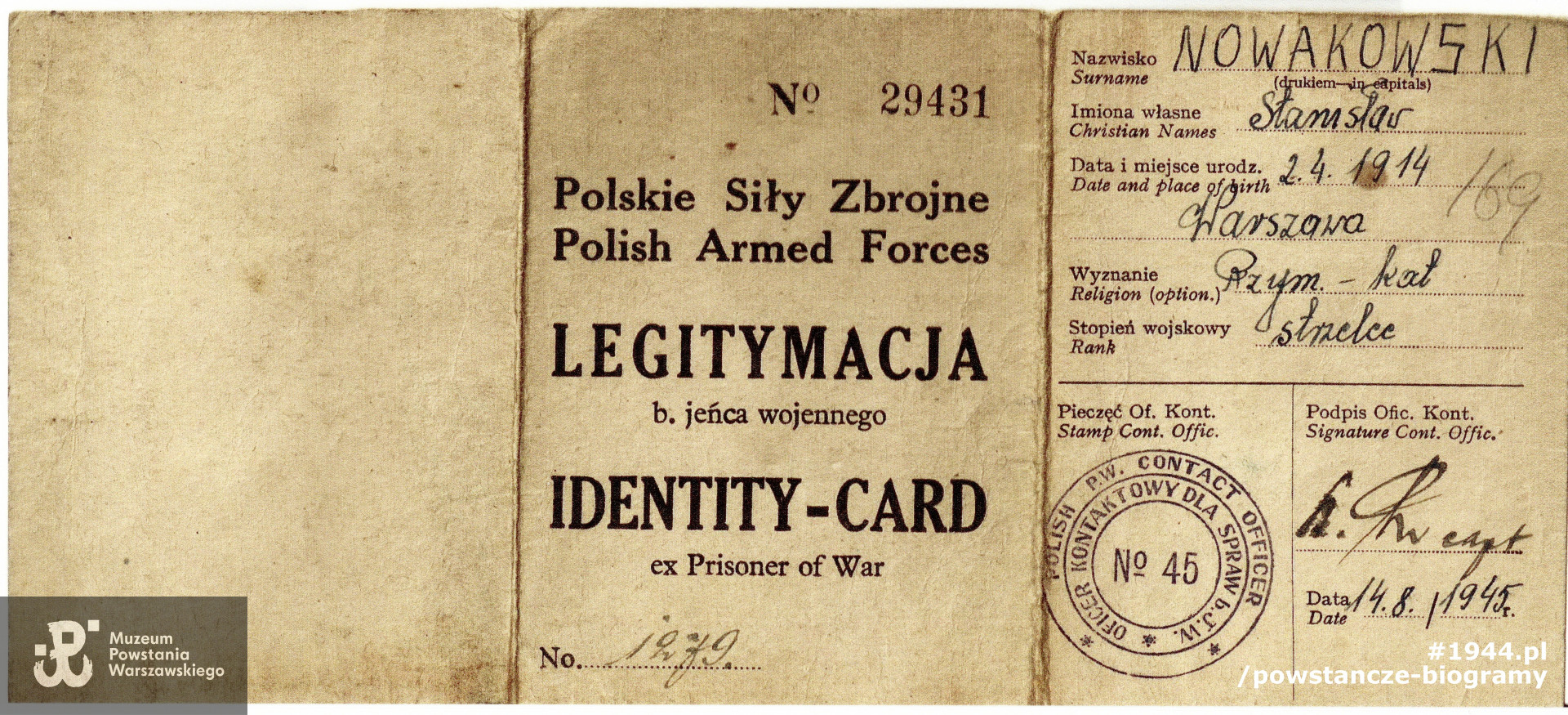 Legitymacja byłego jeńca wojennego. Fot. ze zbiorów rodzinnych, udostępniła siostra, p. Maria Łękawska i p.  Wojciech Jan Łękawski