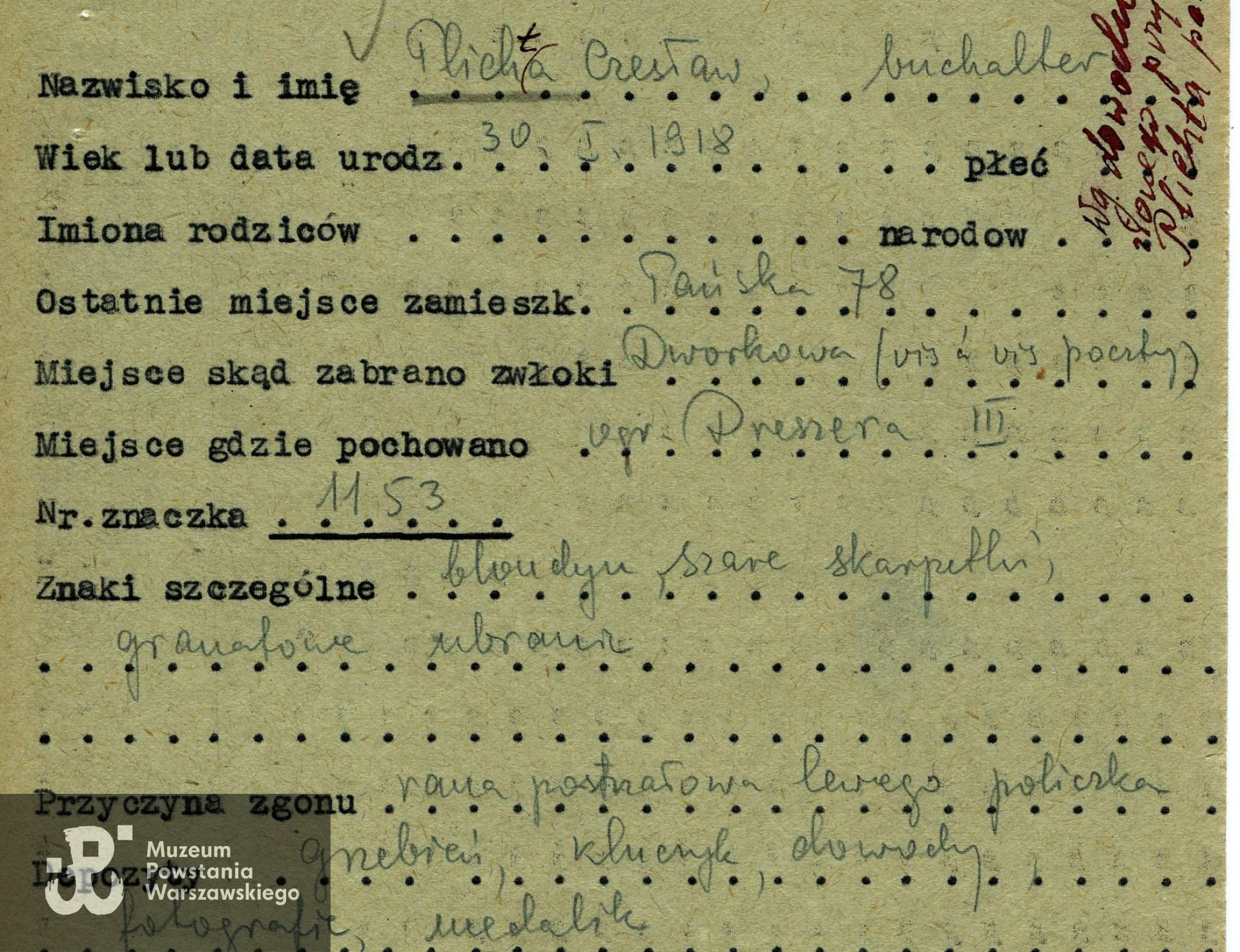 Fragment protokołu ekshumacyjnego PCK z 1945 r. 