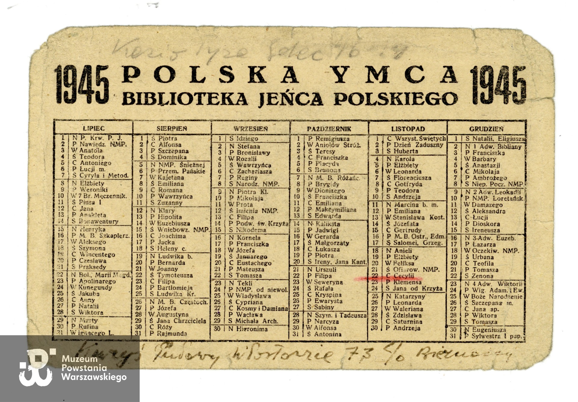 Kalendarz na rok 1945 (wyd. YMCA). Ze zbiorów Muzeum Powstania Warszawskiego, sygn. P/9897, dar p. Ewy Sygalt-Synowieckiej i p. Mariusza Synowieckiego