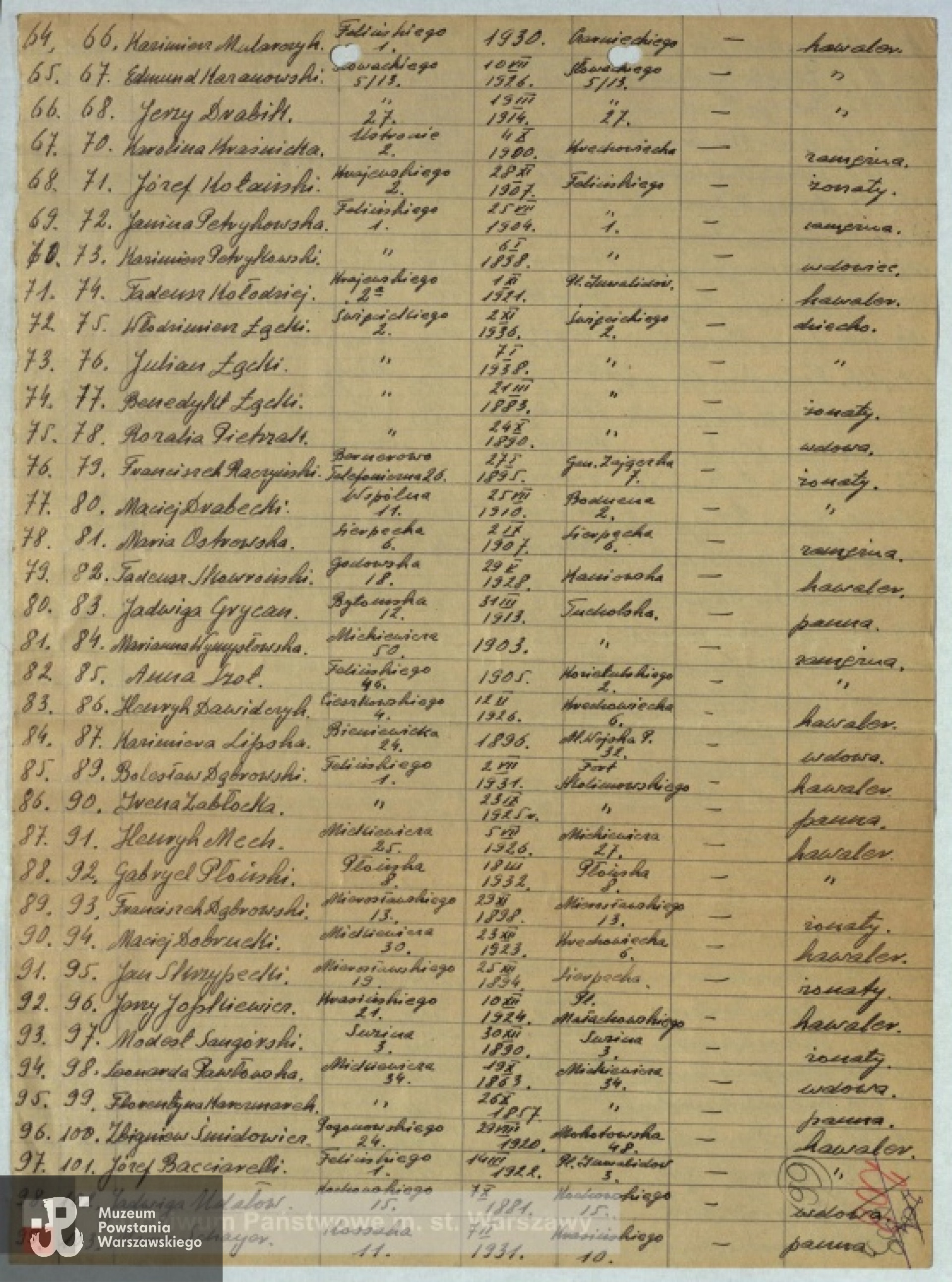 Lista ekshumacyjna ze zbiorów Archiwum Państwowego m. st. Warszawy. Poz. 78