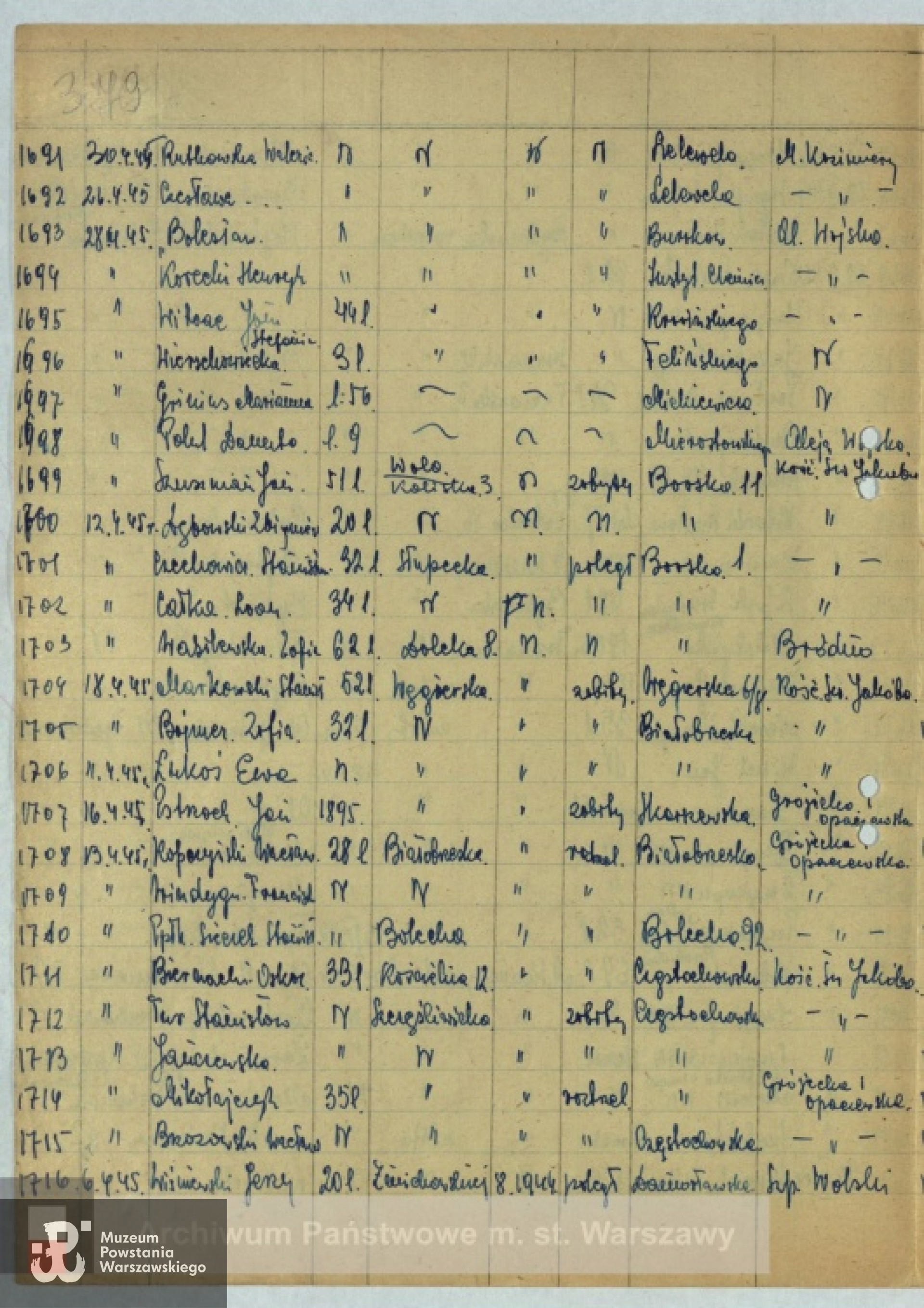 Lista ekshumowanych ze zbiorów Archiwum Państwowego m. st. Warszawy