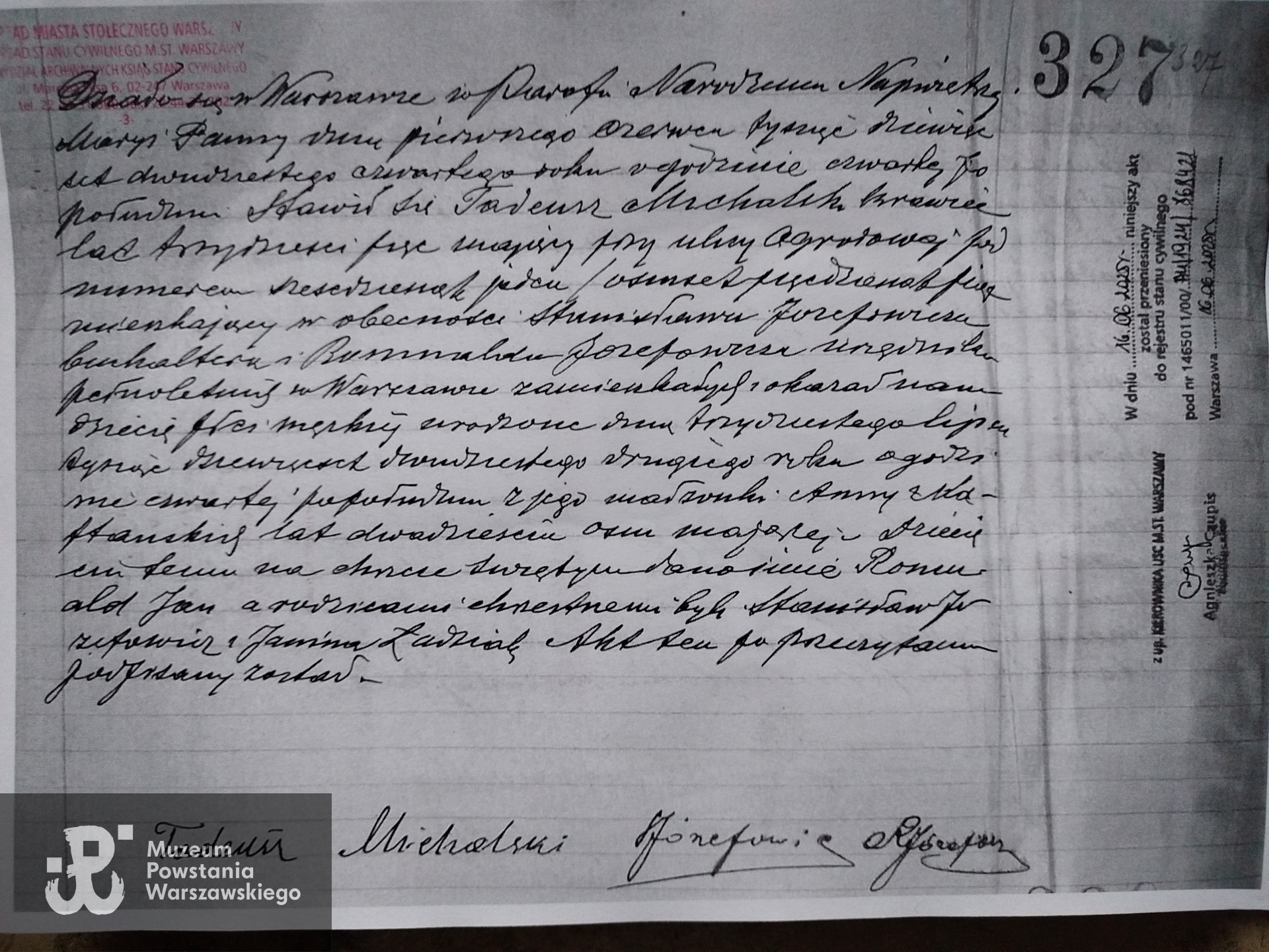 Akt urodzenia, Michalski Romuald nr 327/1924, skan nadesłała p. Maria Smoleń