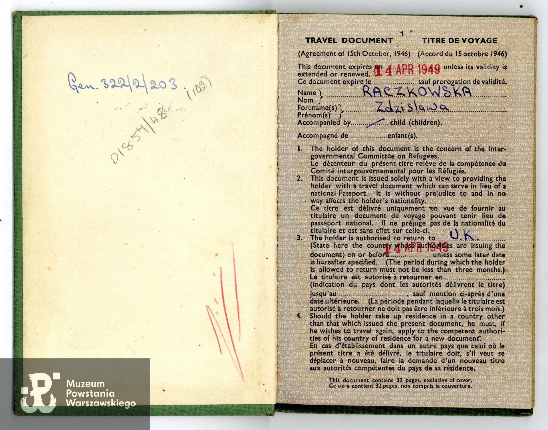 Paszport (Travel Document/Titre de Voyage) wystawiony na nazwisko Zdzisława Raczkowska]. Dokument ze zdjęciem.